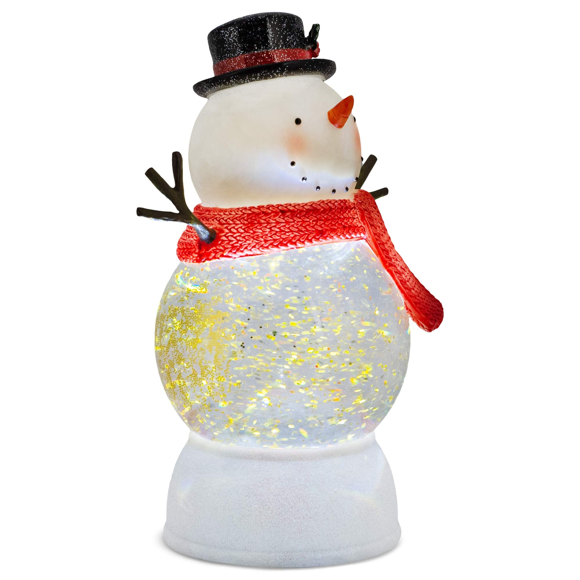 Lighted Snowman Water Globe Tabletop Statue with Red Knit Scarf & Gold Glitter