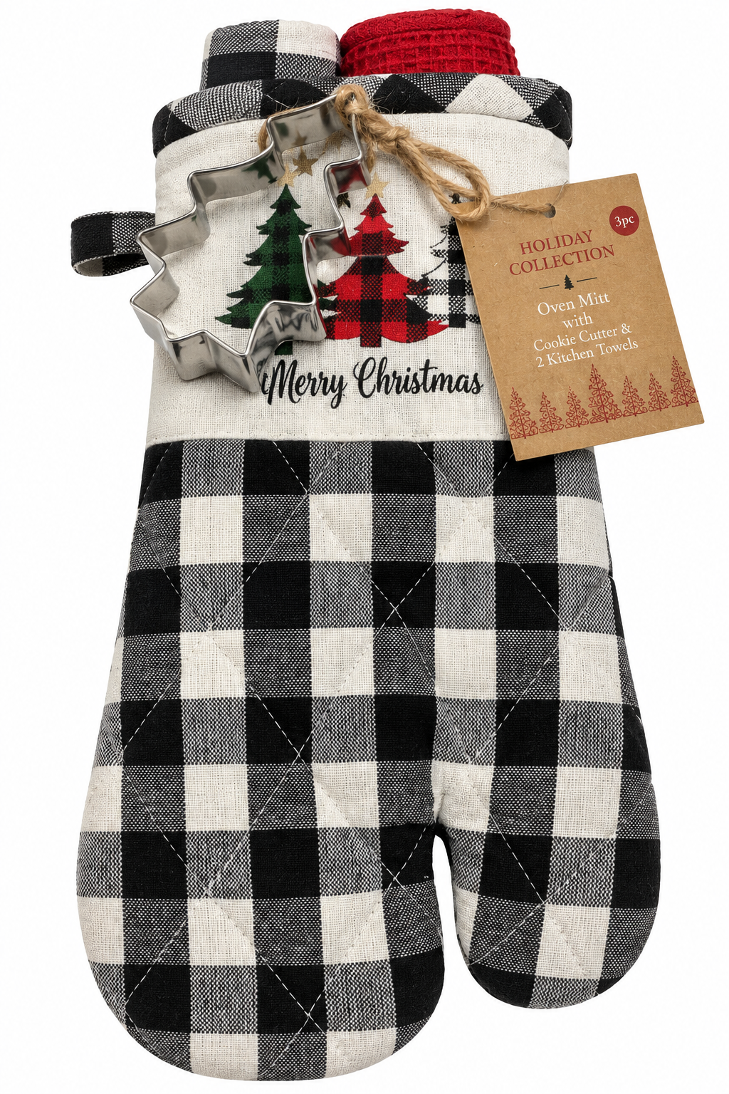 "Merry Christmas" Plaid Trees Nidico Oven Mitt & Cookie Cutter Set 4 Pk