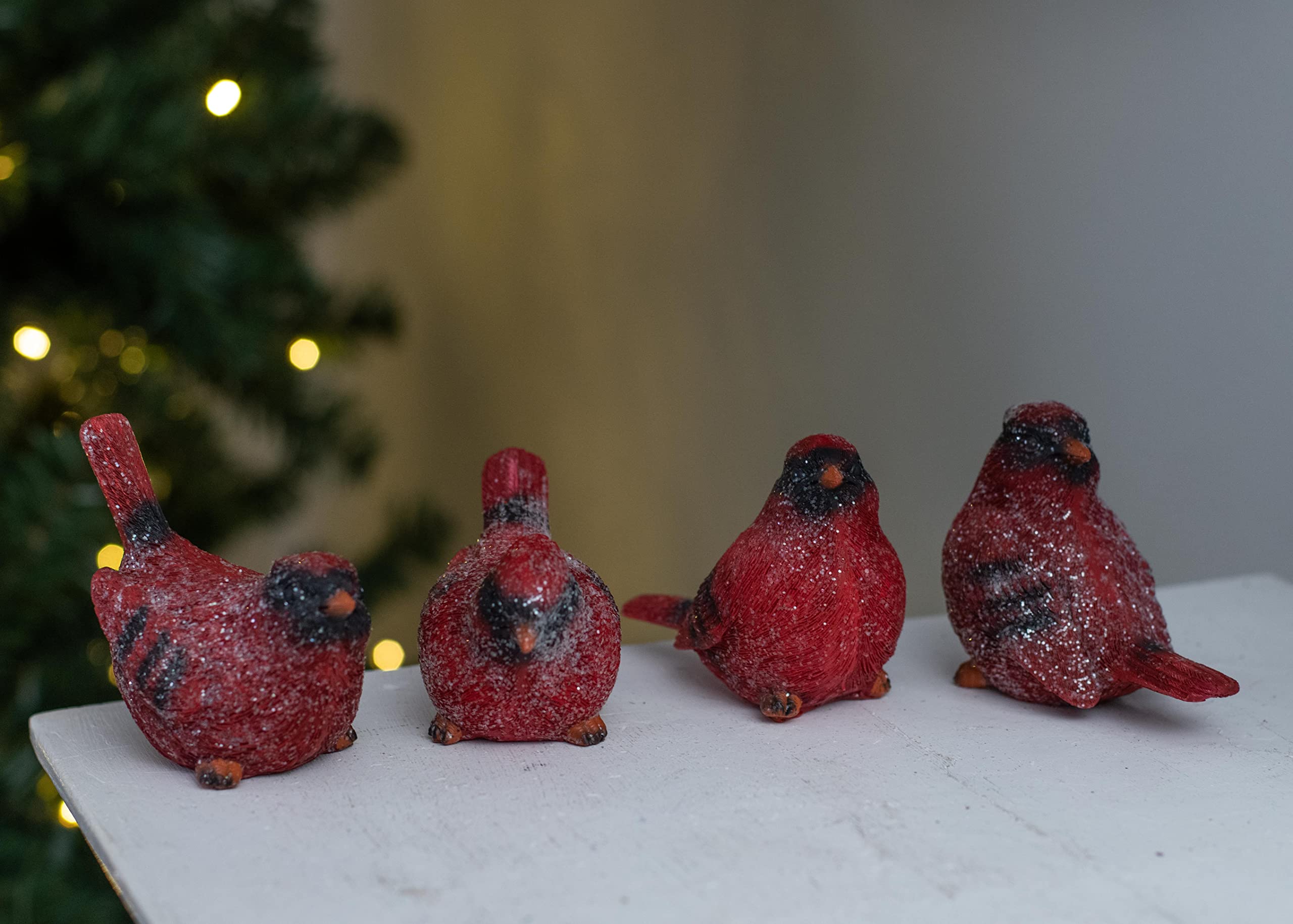 Transpac Glittered Red Cardinal Small 3.25 x 3.25 x 2 Resin Holiday Figurine Set of 4