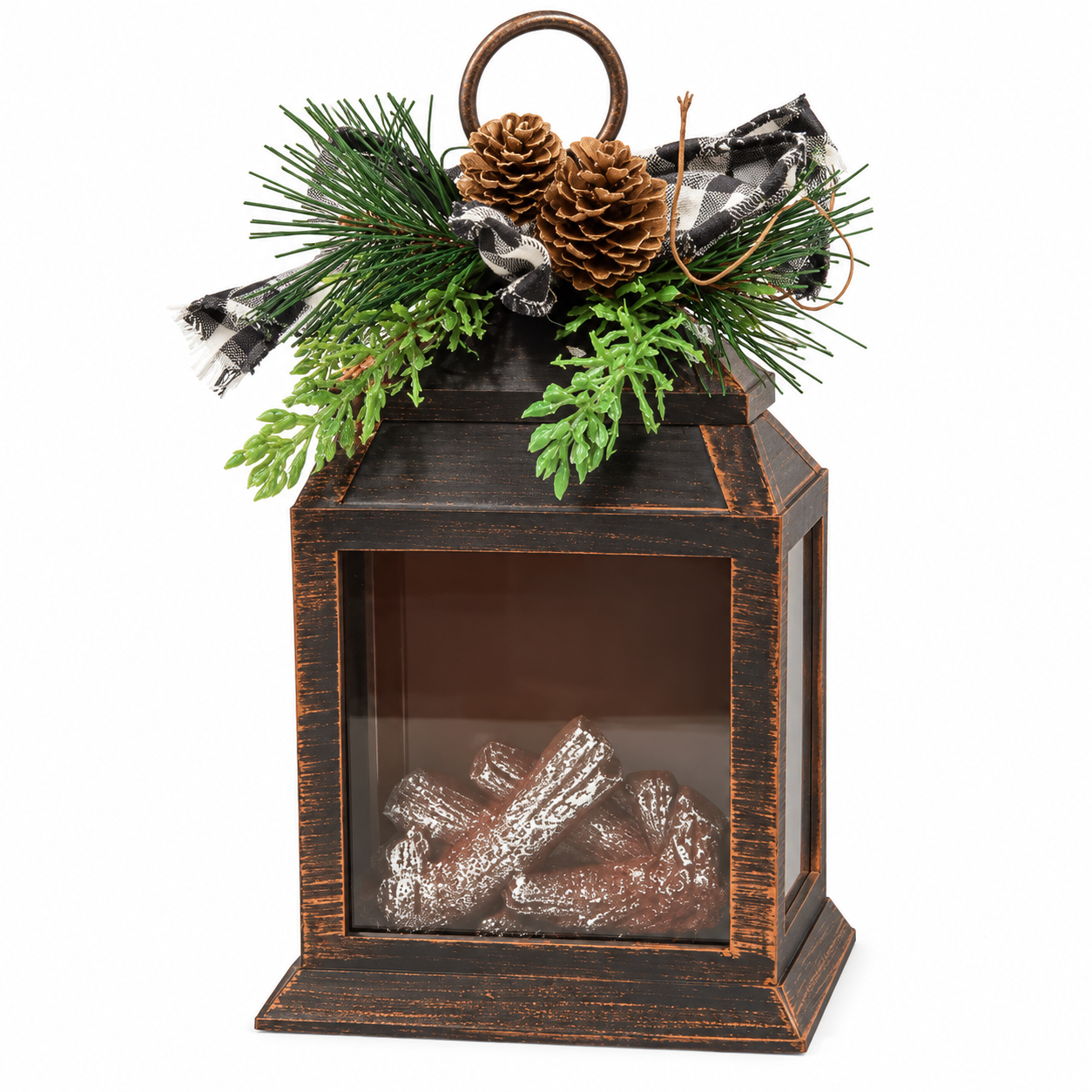 RAZ Imports Lighted Simulated Fireplace Lantern with Pine Cone & Plaid Bow Topper