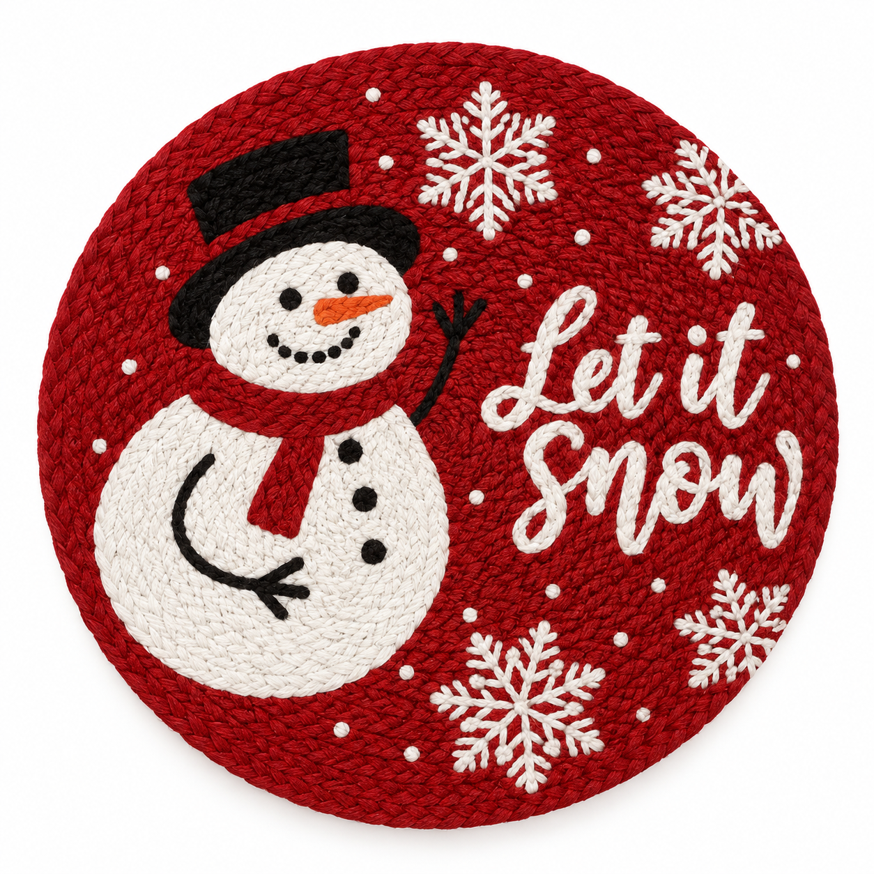 "Let It Snow" Snowman & Snowflake Red Nidico Round Braided Place Mats