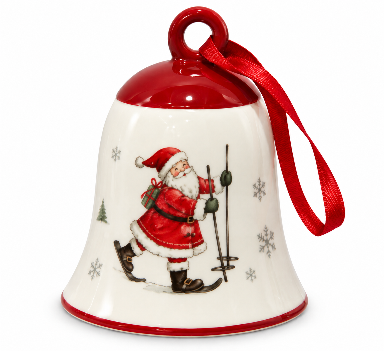 Transpac Ceramic Skiing Santa Bell Ornament