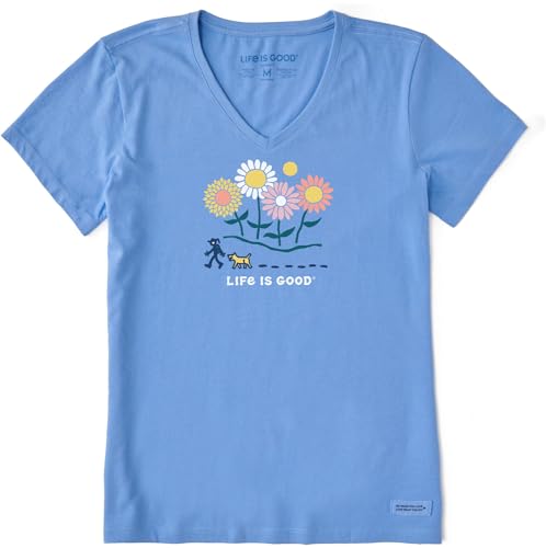 2XL Life is Good Women's Daisy Flowers & Dog Walking V-Neck Crusher T-Shirt