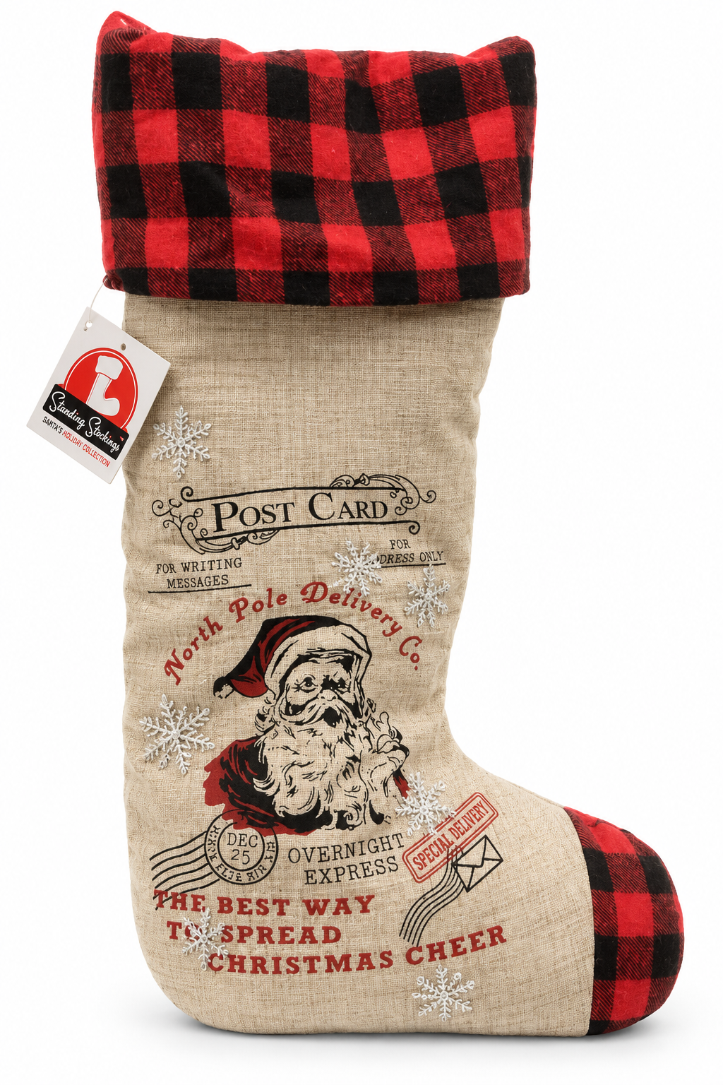 Standing Stocking Vintage Santa Postcard Standing Christmas Stocking - Buffalo Plaid Accent