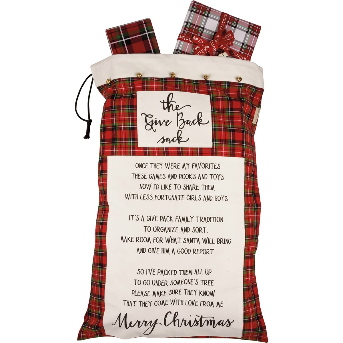 Primitives by Kathy "The Give Back Sack" Christmas Plaid Toy Donation Santa Bag