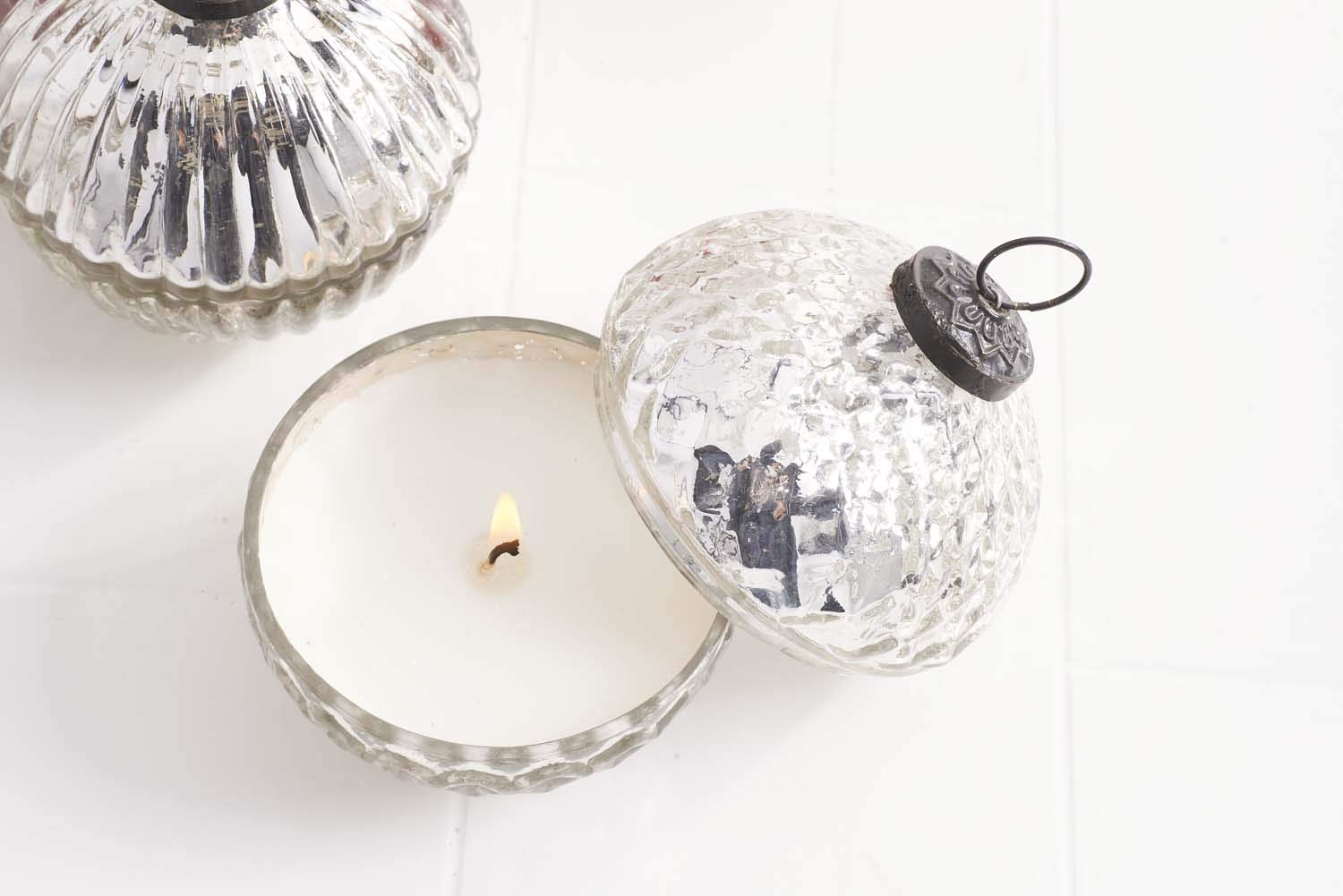 K&K Interiors Winter Wood Scented 3.5 Inch Filled Silver Mercury Glass Lidded Ornament Candles
