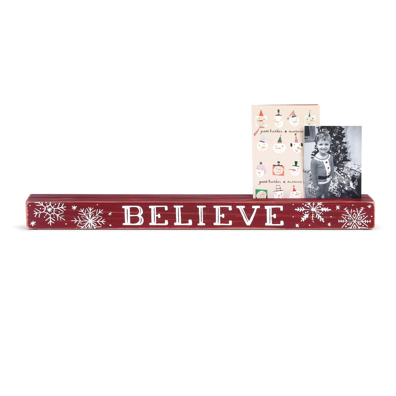 Red Wooden "Believe" Long Shelf Sitter Block Sign with Snowflake Accents
