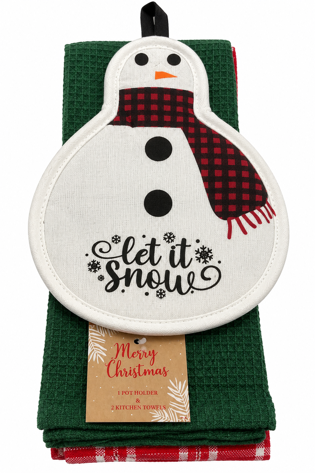 "Let it Snow" Snowman Shaped Nidico Pot Holder & Kitchen Towel Set 3 Pk