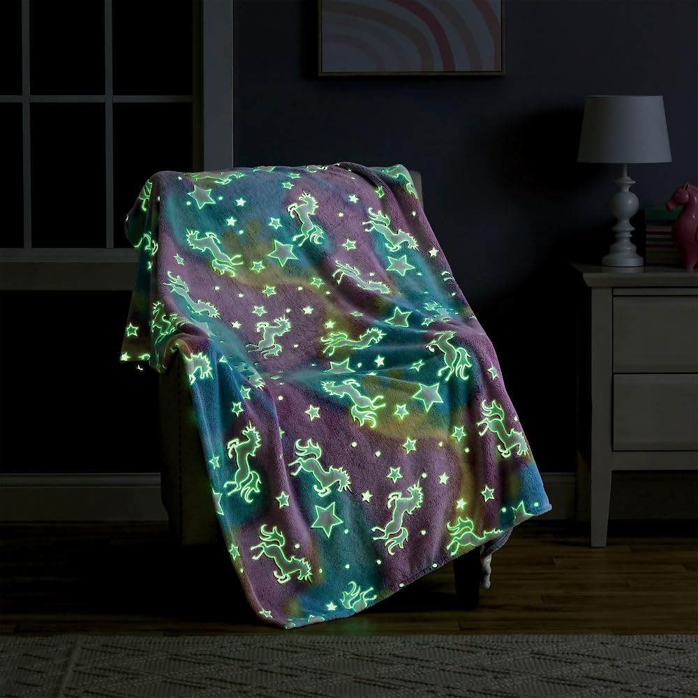 Printed Throw Blanket, Glow in The Dark, Soft Plush, Home Décor Fuzzy Warm & Cozy, for Bedding, Couch & Gift, 50” x 60” - Glow Unicorn