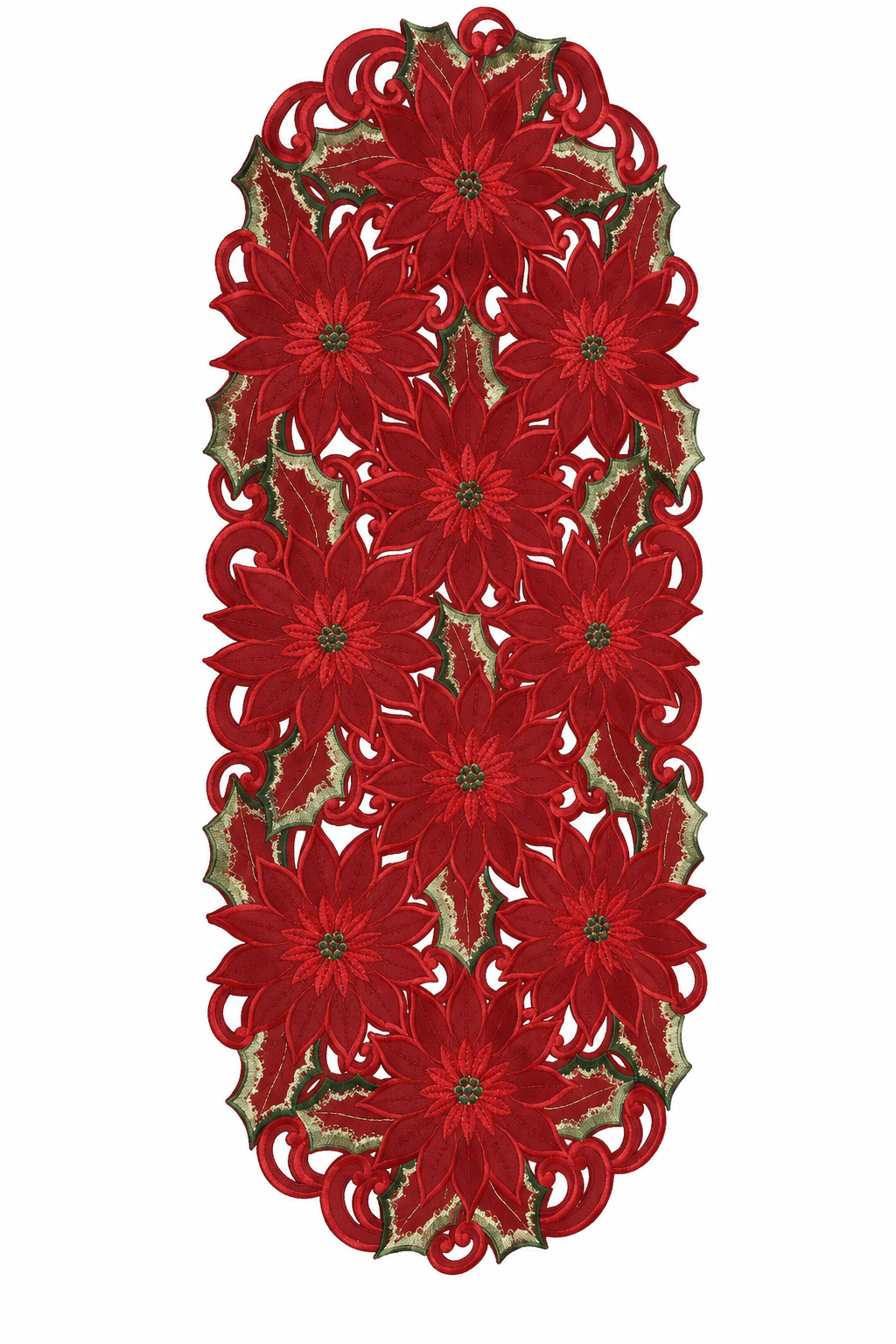 Embroidered Red Poinsettia Table Runner Holly Cutwork 16" x 36"