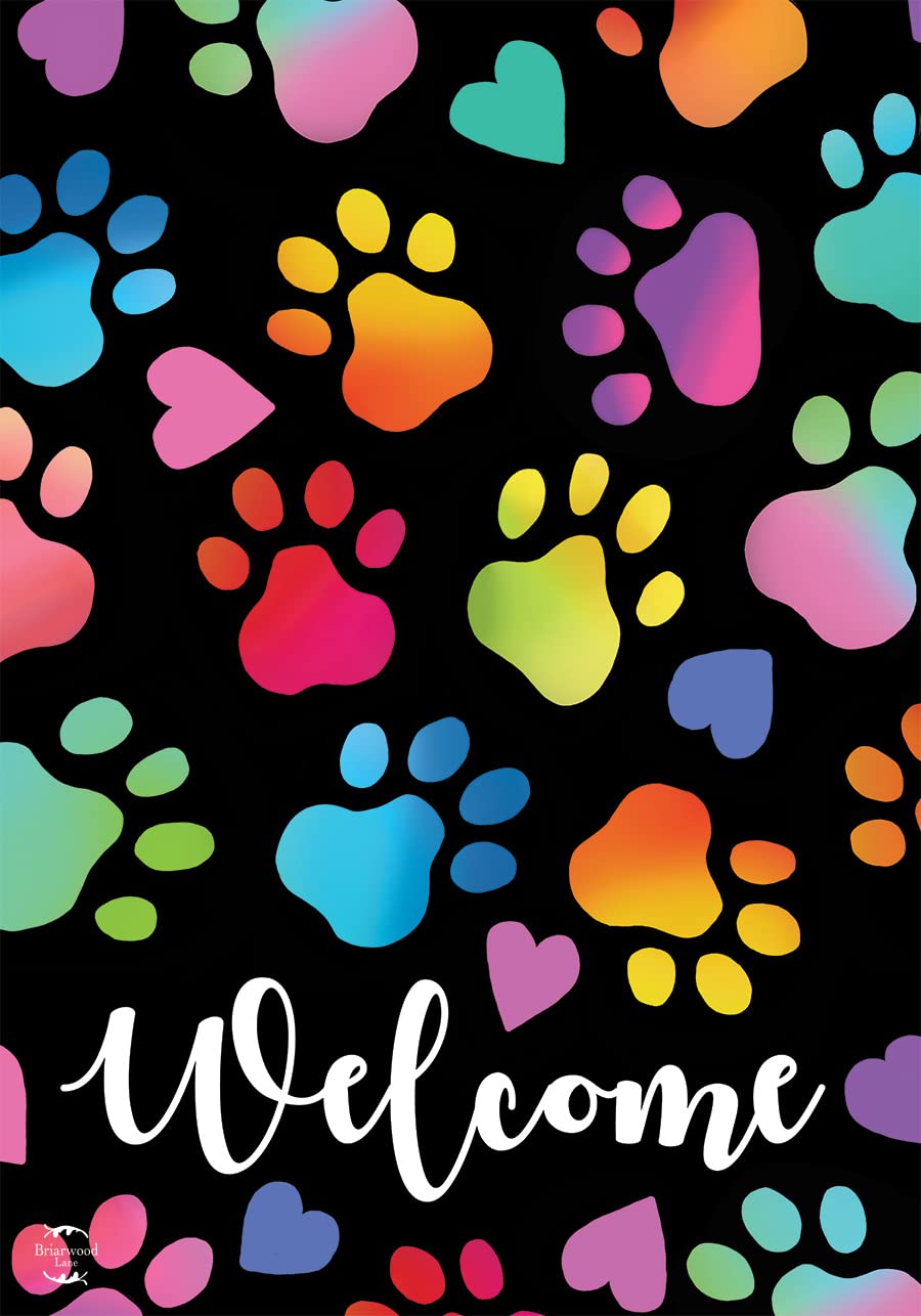 Rainbow Pawprints Welcome Garden Flag