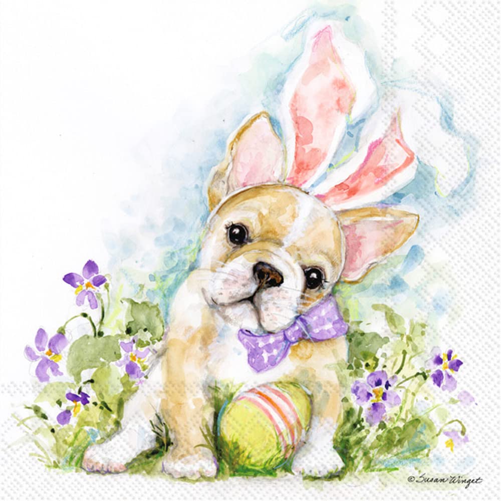 Boston International IHR 3-Ply Paper Napkins Easter Spring Designs, 20-Count Cocktail Size, Easter French Bulldog