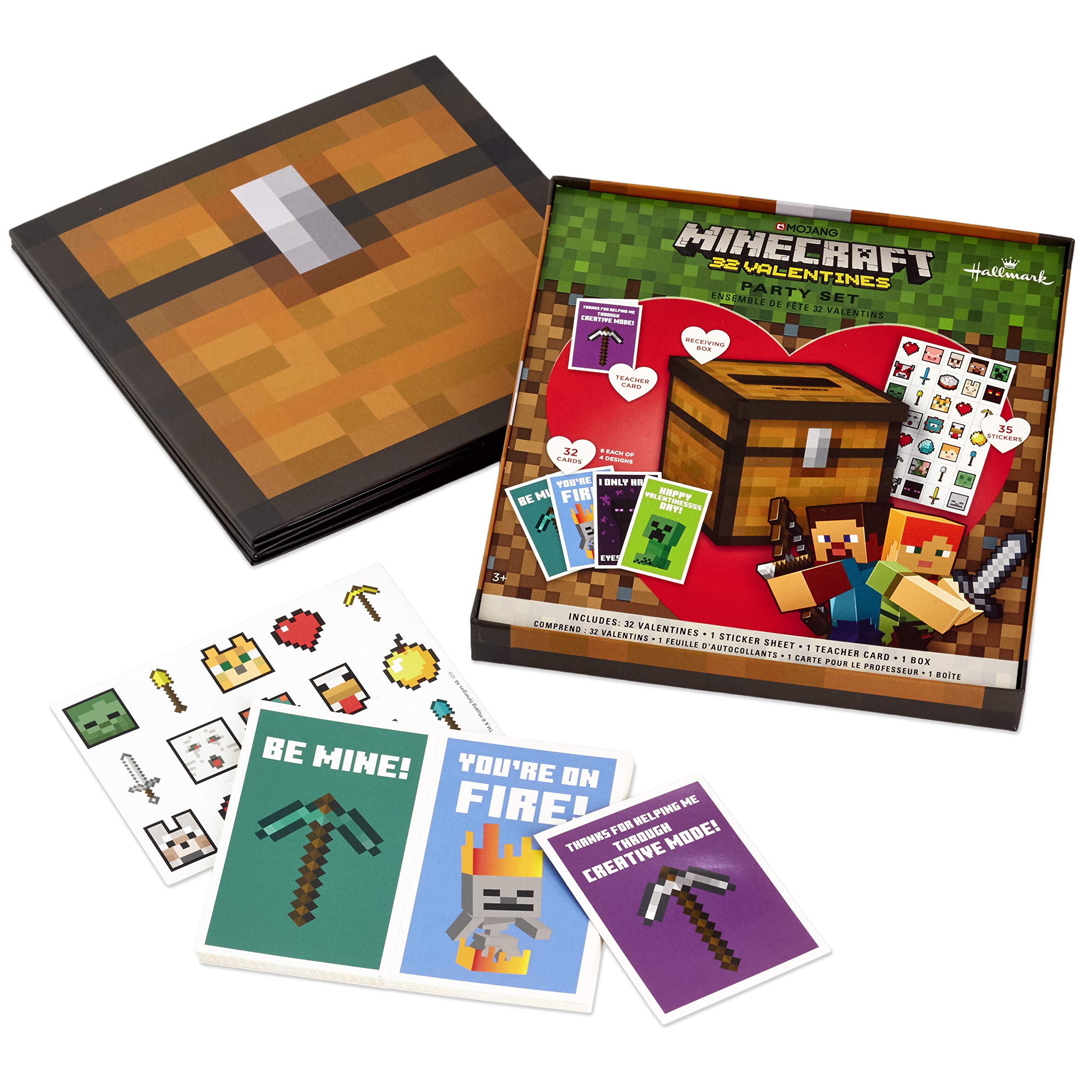 Hallmark Minecraft Valentines Day Cards and Mailbox for Kids School Classroom Exchange (1 Box, 32 Valentine Cards, 35 Stickers, 1 Teacher Card)
