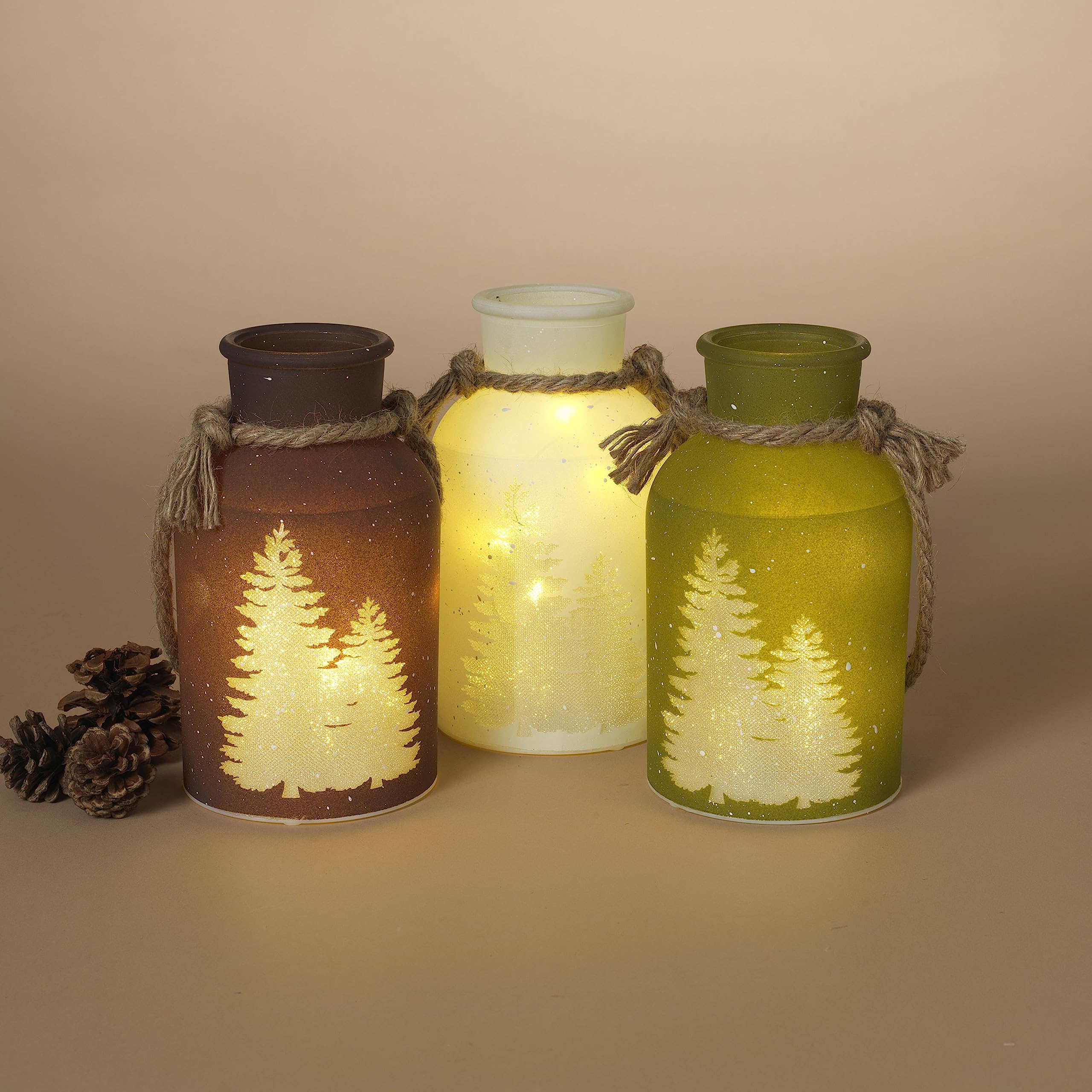 Gerson Companies 7.25" Olive Green Pine Trees & Jute Frosted Glass Lighted Jar