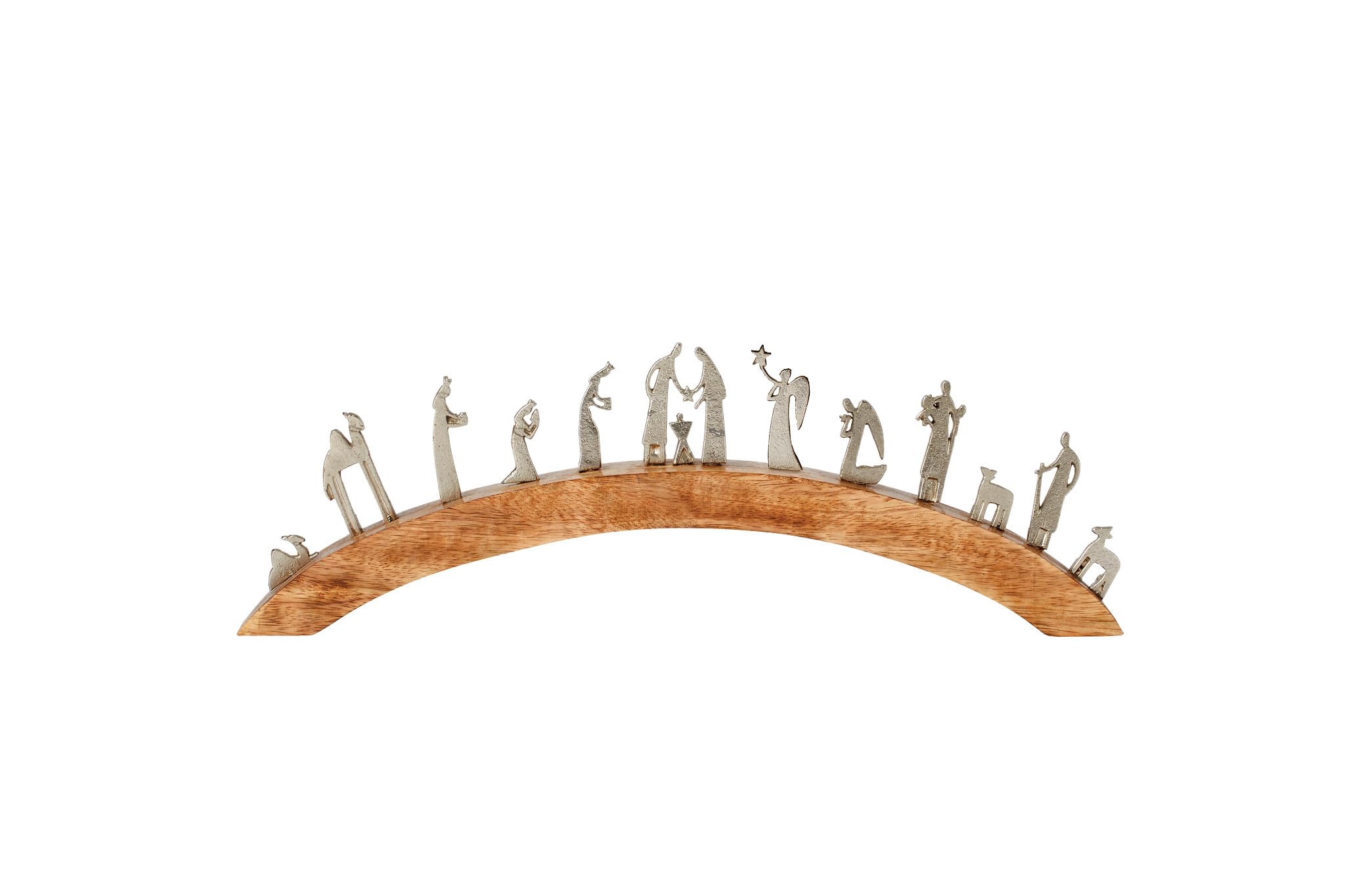Enesco Arched Wooden Nativity Set with Silver Pewter Metal Figurines Tabletop Display
