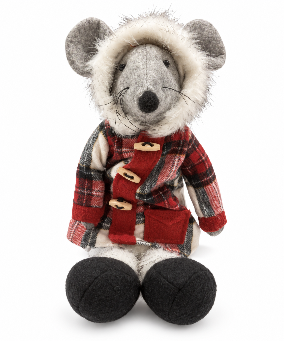 Plush Winter Mouse in Plaid Duffle Coat