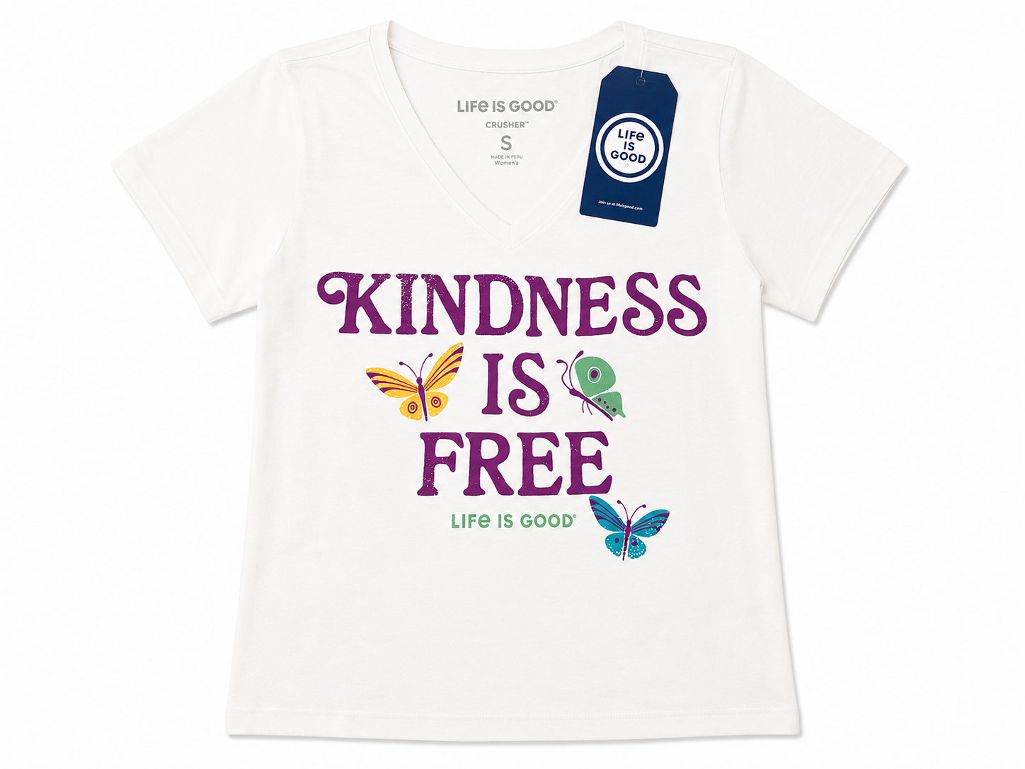 SM Life is Good Women's "Kindness Is Free" Butterfly Graphic Crusher V-Neck T-Shirt (White, Size S)