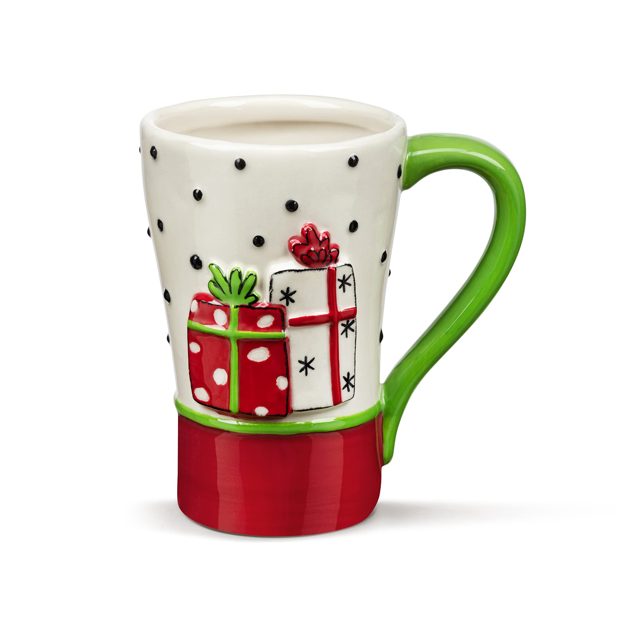 DEMDACO Wrapped Presents Red and Green 16 Ounces Stoneware Polka Dot Christmas Coffee Cup Mug