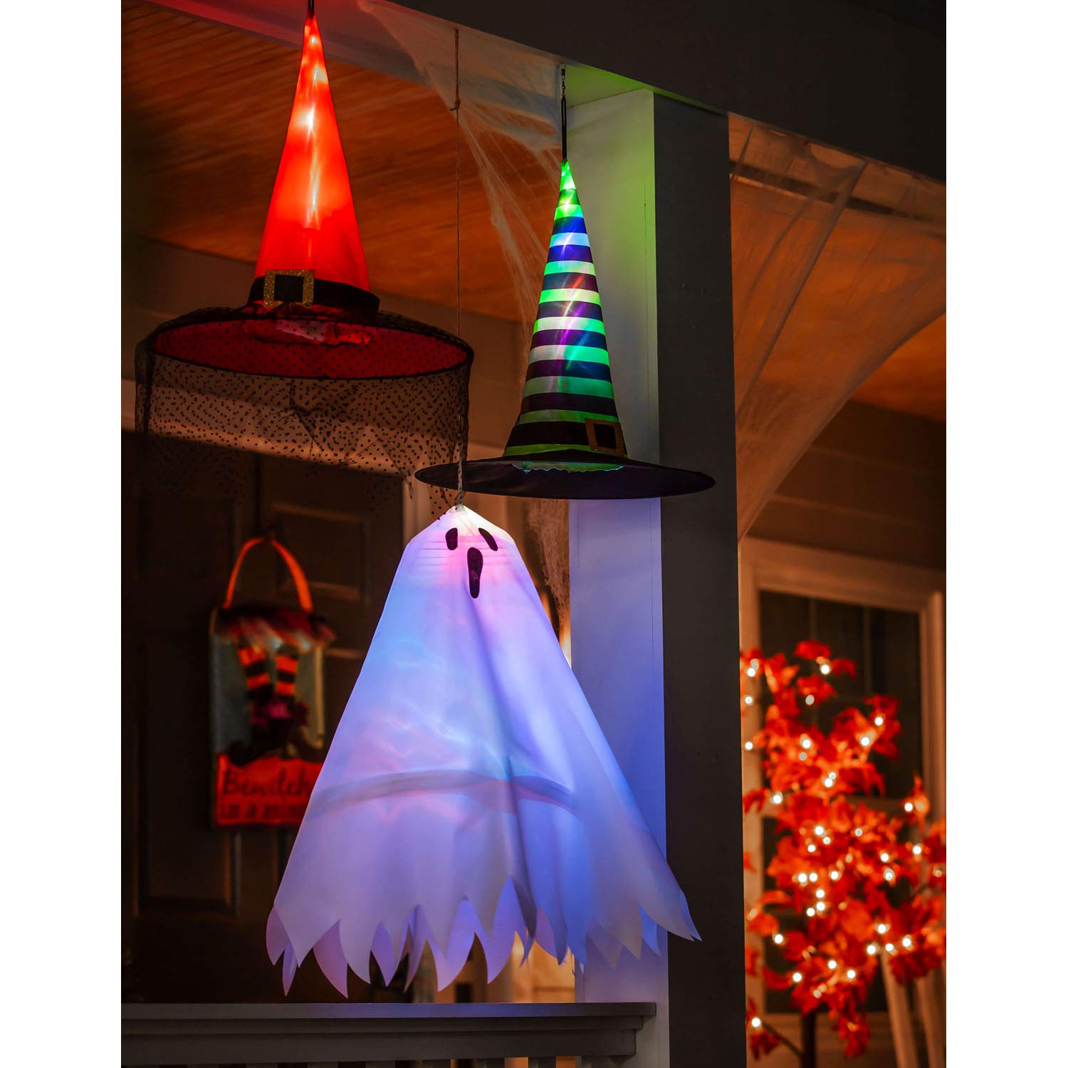 Beautiful Halloween Stripe Witch Hat 3D Chasing Light Hanging Décor