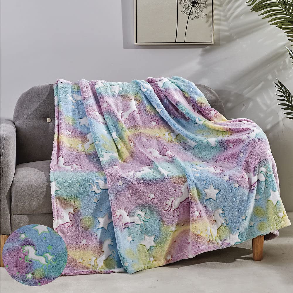 Printed Throw Blanket, Glow in The Dark, Soft Plush, Home Décor Fuzzy Warm & Cozy, for Bedding, Couch & Gift, 50” x 60” - Glow Unicorn