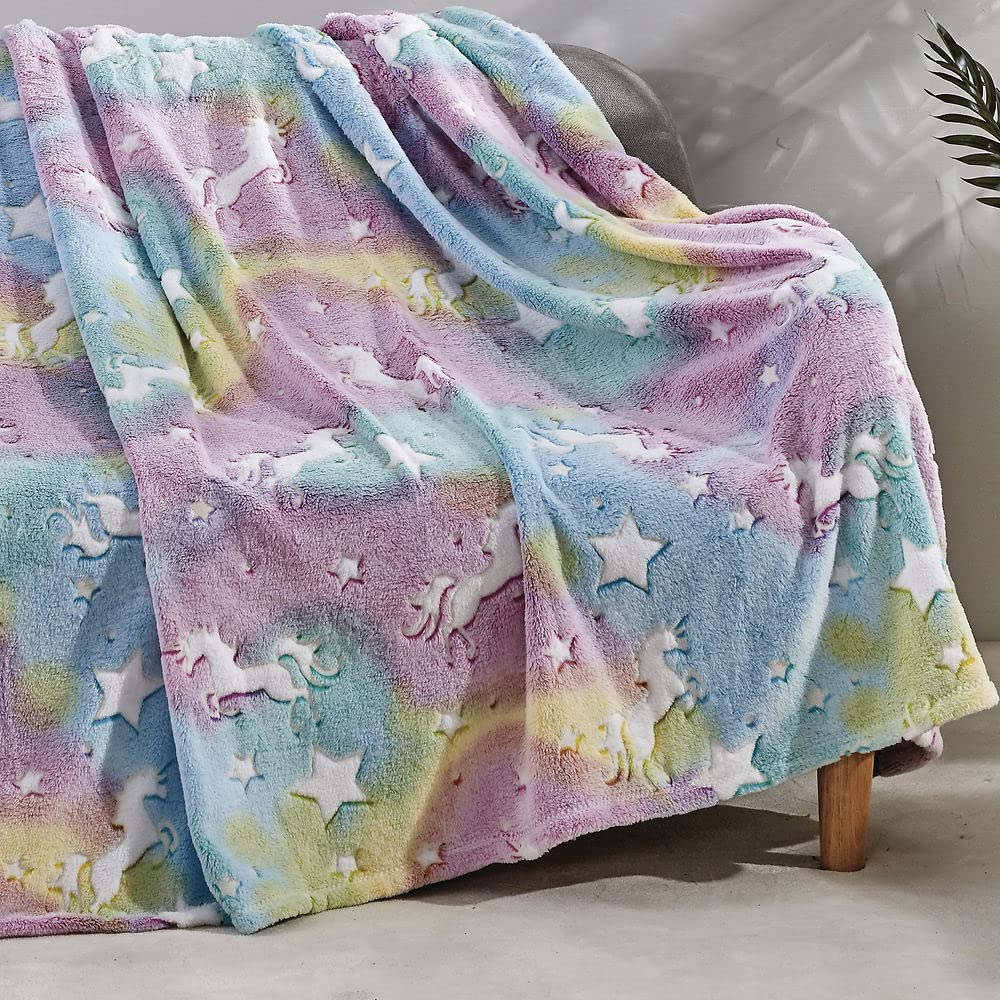 Printed Throw Blanket, Glow in The Dark, Soft Plush, Home Décor Fuzzy Warm & Cozy, for Bedding, Couch & Gift, 50” x 60” - Glow Unicorn