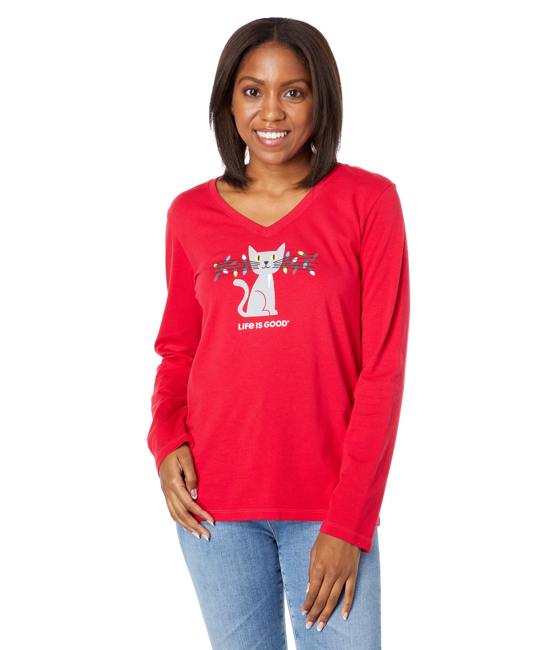 Life is Good Women's Lit Up Cat Long Sleeve Crusher Vee - L