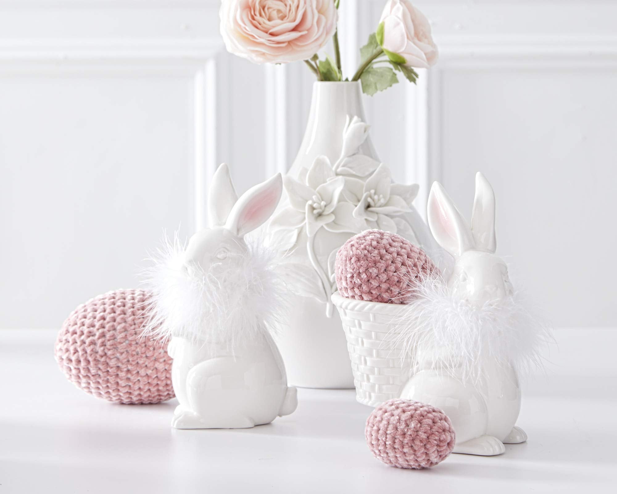 White Porcelain Feathered Bunny with Basket