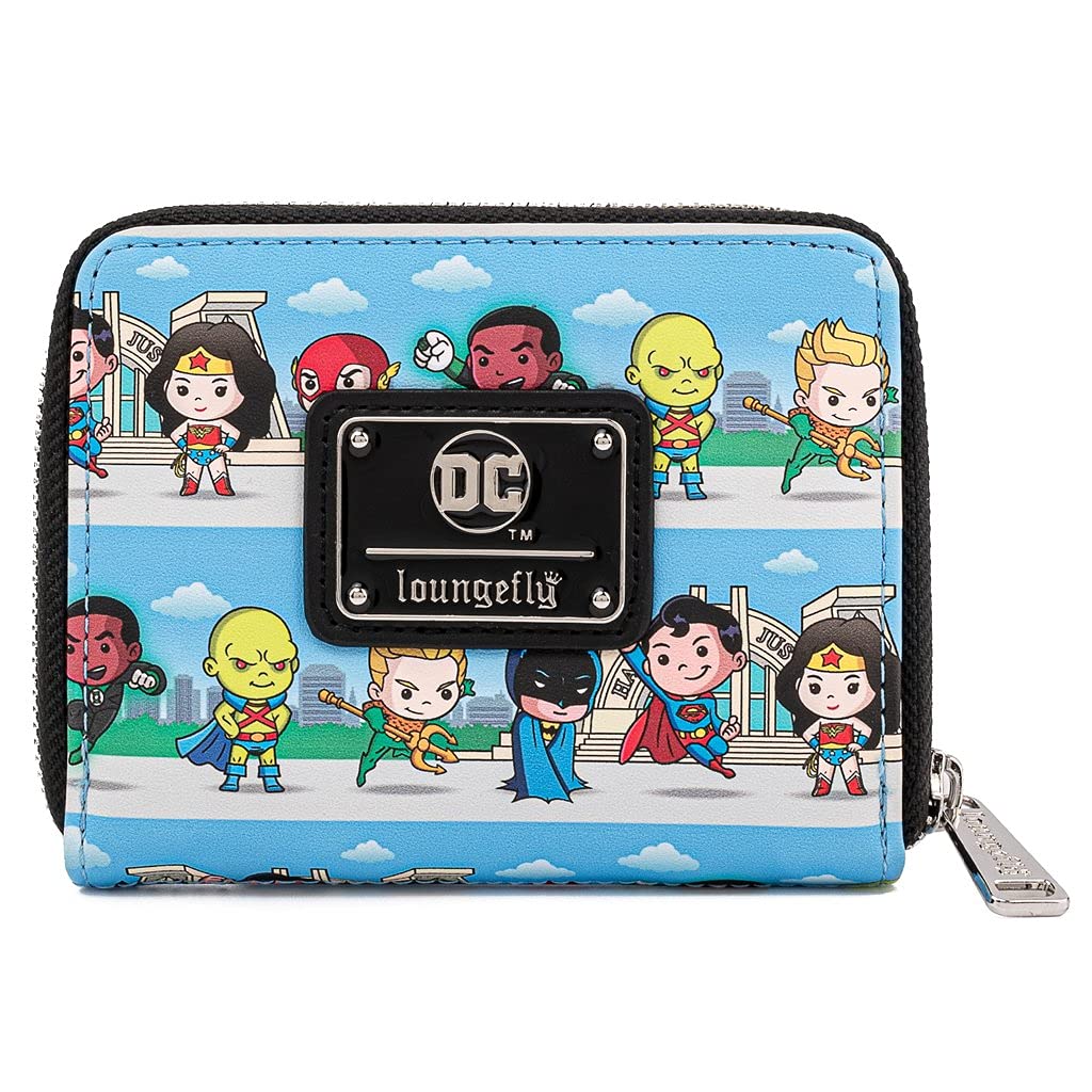 Loungefly DC Superheroes Chibi Lineup Faux Leather Zip Around Wallet, Cute Wallets Fashion Accessories, 5.5 Inches