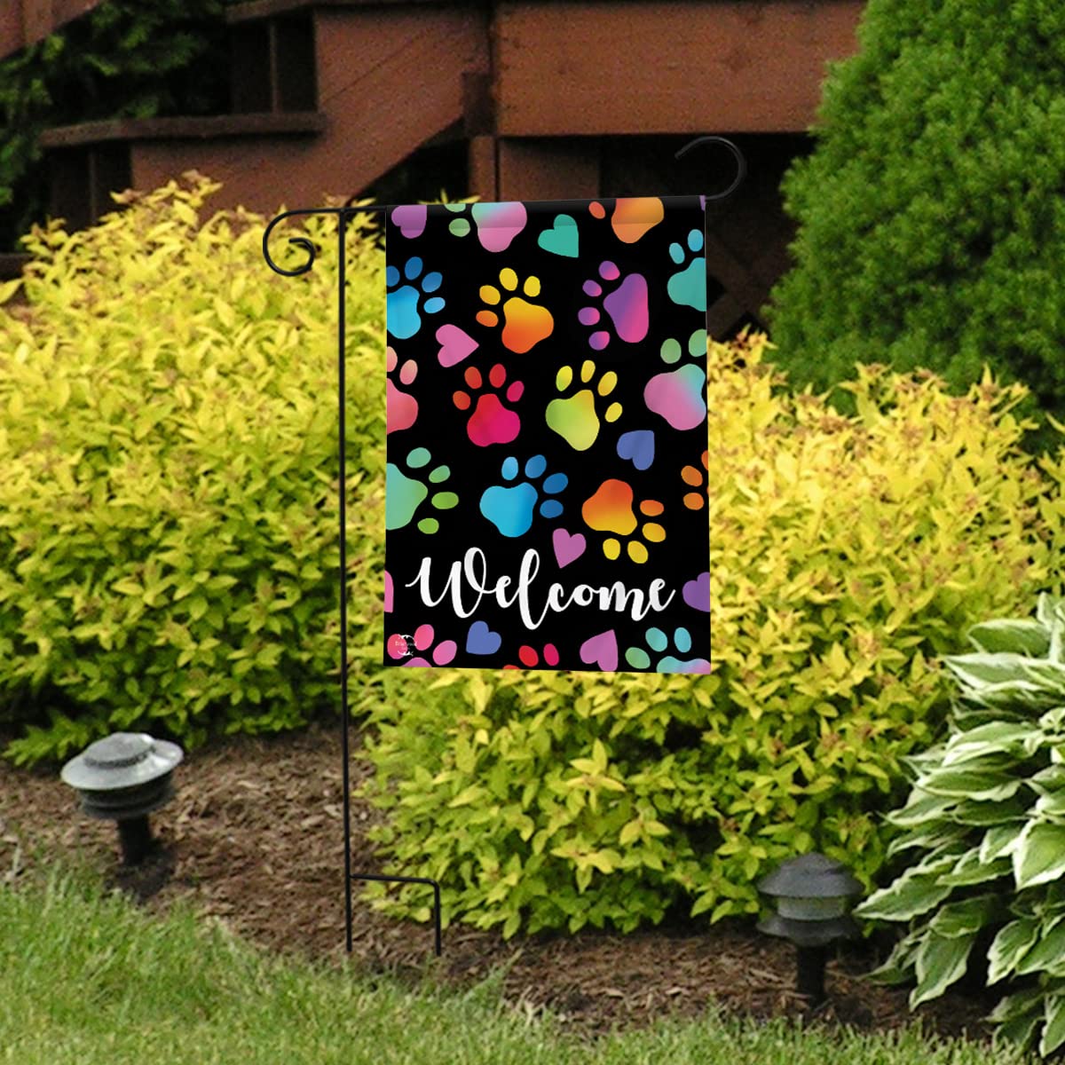 Rainbow Pawprints Welcome Garden Flag