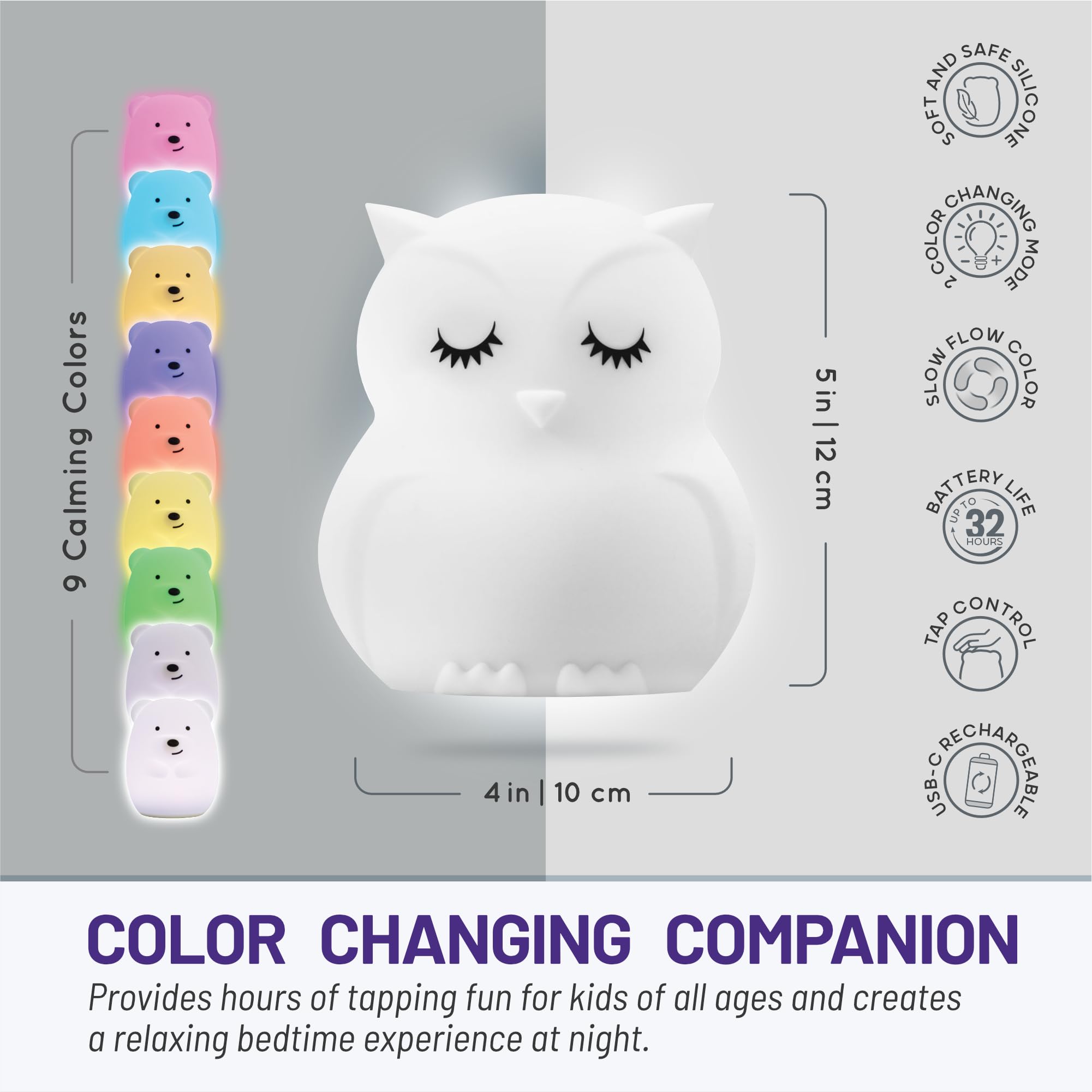 Lumipets Animal Kids Night Light, Junior Owl, Soft and Safe Silicone Rubber Lamp, Soothing Colors, Portable, Easy Control