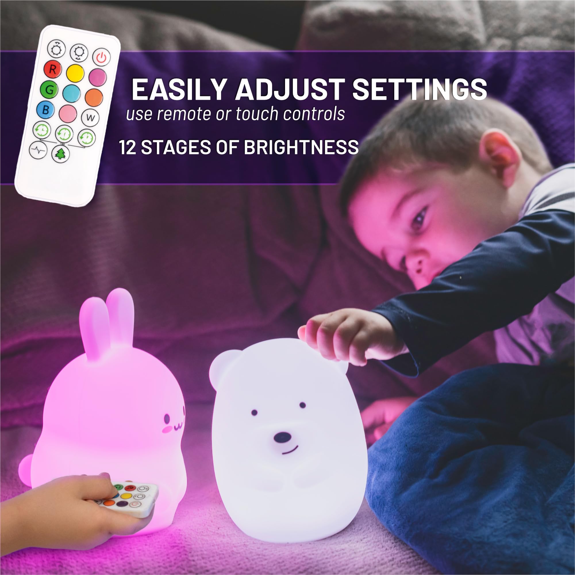 LED Nursery Night Lights for Kids: LumiPets Cute Animal Silicone Baby Night Light with Touch Sensor and Remote - Portable and Rechargeable Infant or Toddler Cool Color Changing Bright Nightlight Lamp