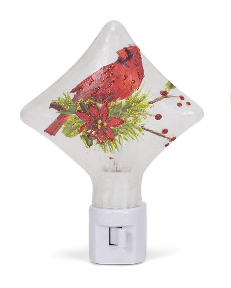 Vibrant Red Cardinal On Branch 5.5 inch Glass Diamond Decorative Plug in Night Light