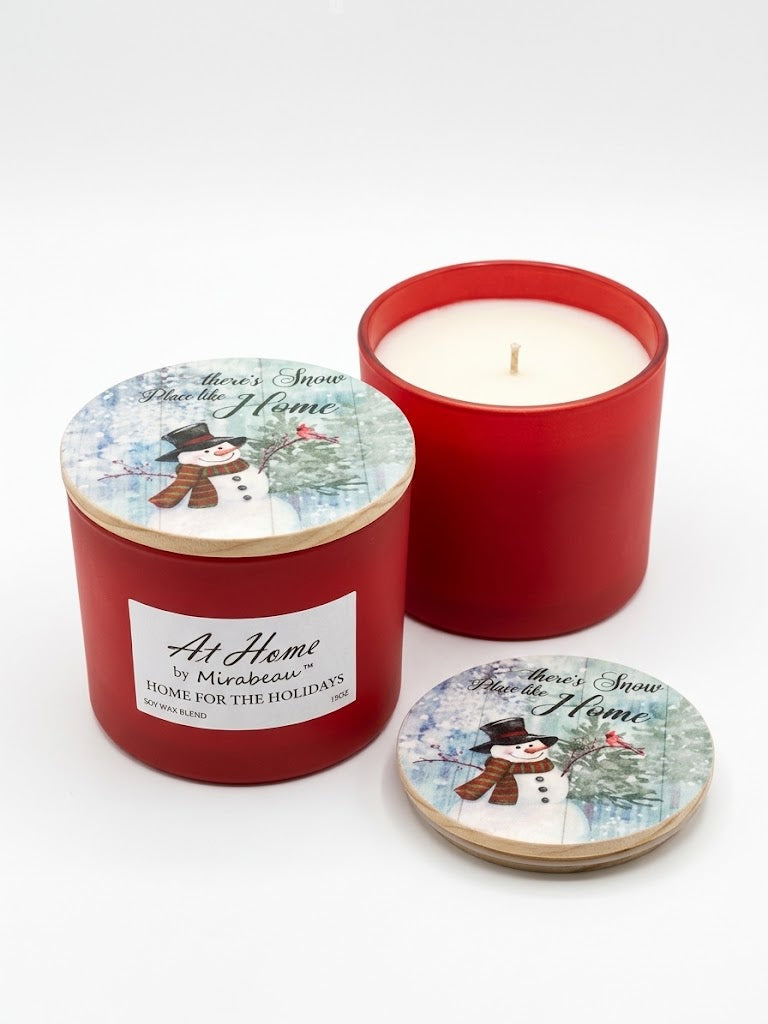 At Home by Mirabeau "Home for the Holidays" 12 oz Red Soy Wax Blend Jar Candle with Snowman Lid