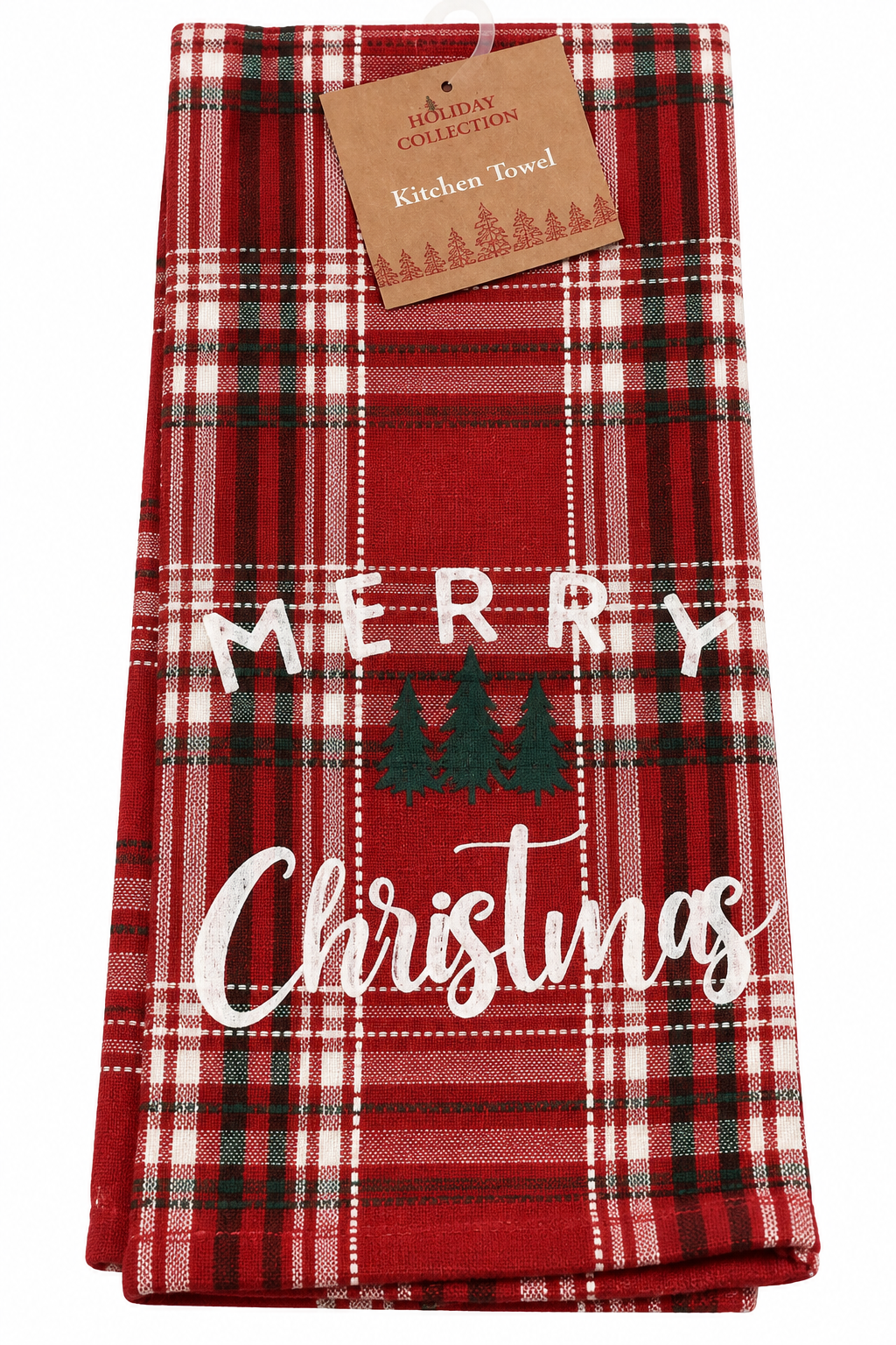 "Merry Christmas" Red Plaid Nidico Kitchen Towel Pine Trees