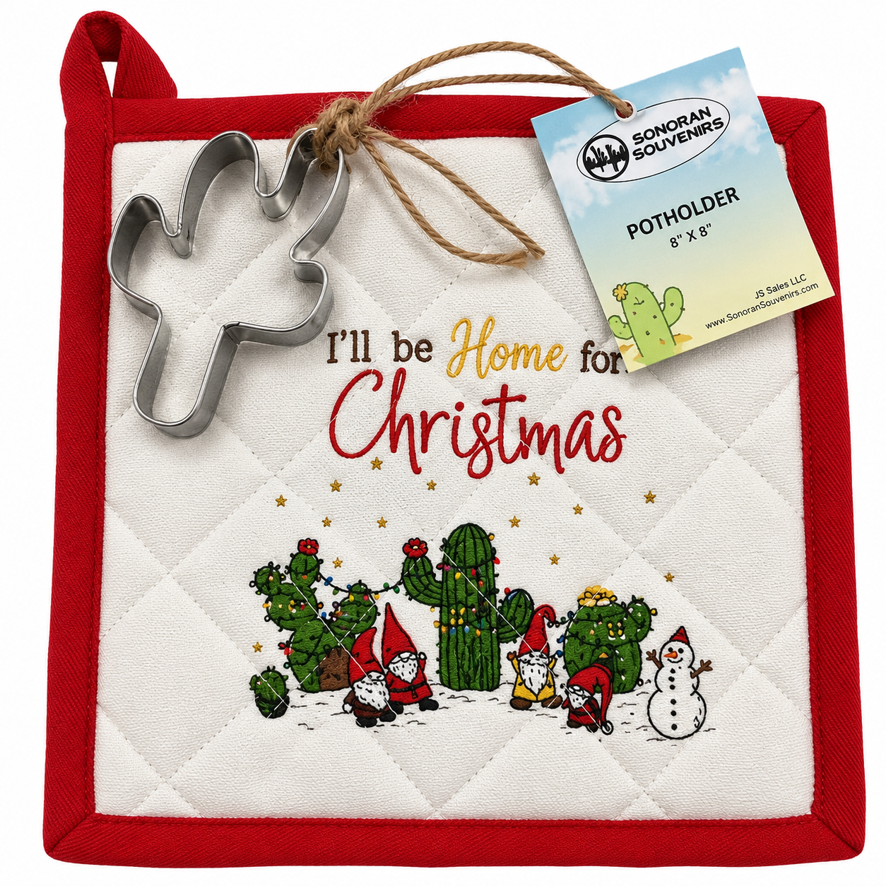 "I'll be Gnome for Christmas" Cactus Sonoran Souvenirs Pot Holder Cookie Cutter Set 8" x 8"