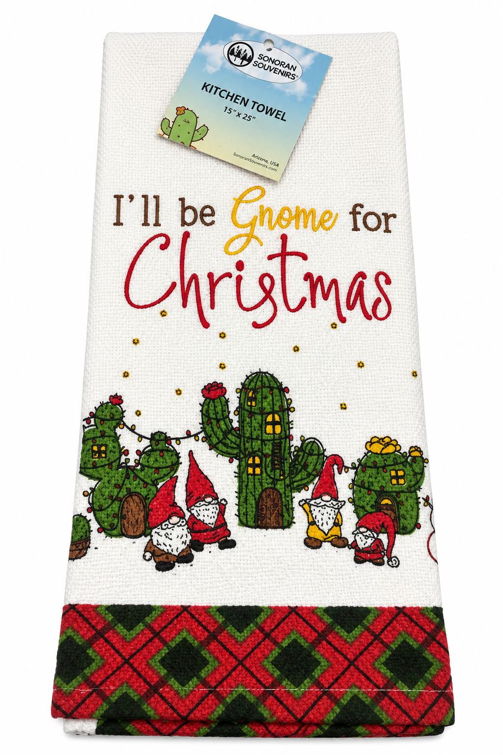 "I'll Be Gnome for Christmas" Cactus Towel Sonoran Souvenirs Southwest 15x25