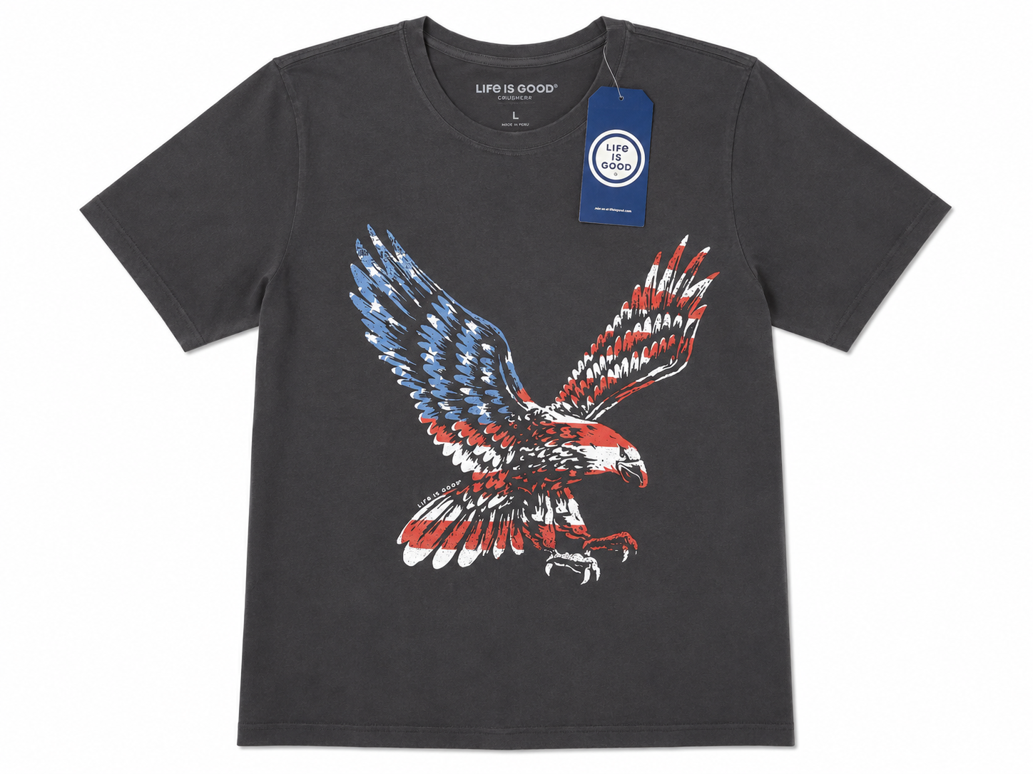 2XL Life is Good American Flag Patriotic Eagle Graphic Crusher-Lite Crewneck T-Shirt (Dark Charcoal Gray)