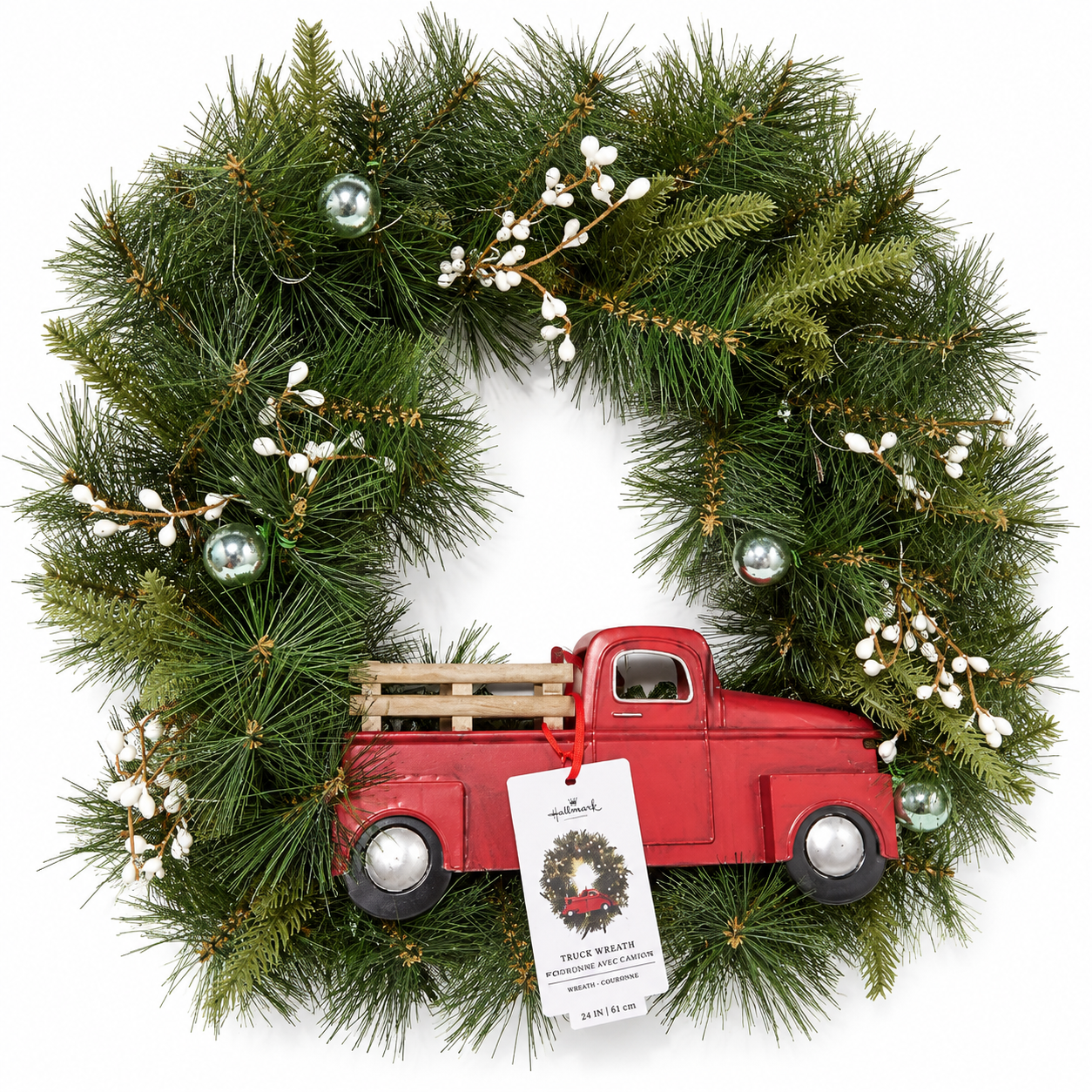 Hallmark Red Farmhouse Truck Evergreen Holiday Wreath with Lights & Ornaments