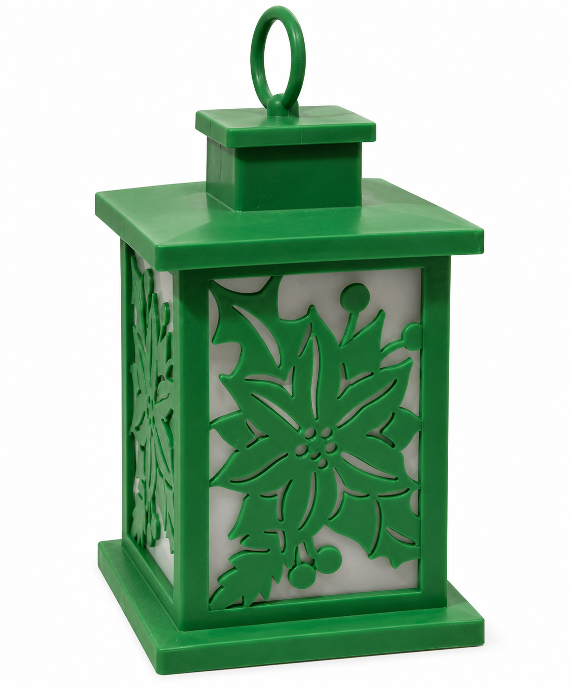 Evergreen Enterprises 10" Green Poinsettia Frosted Glass LED Fire Flame Lantern