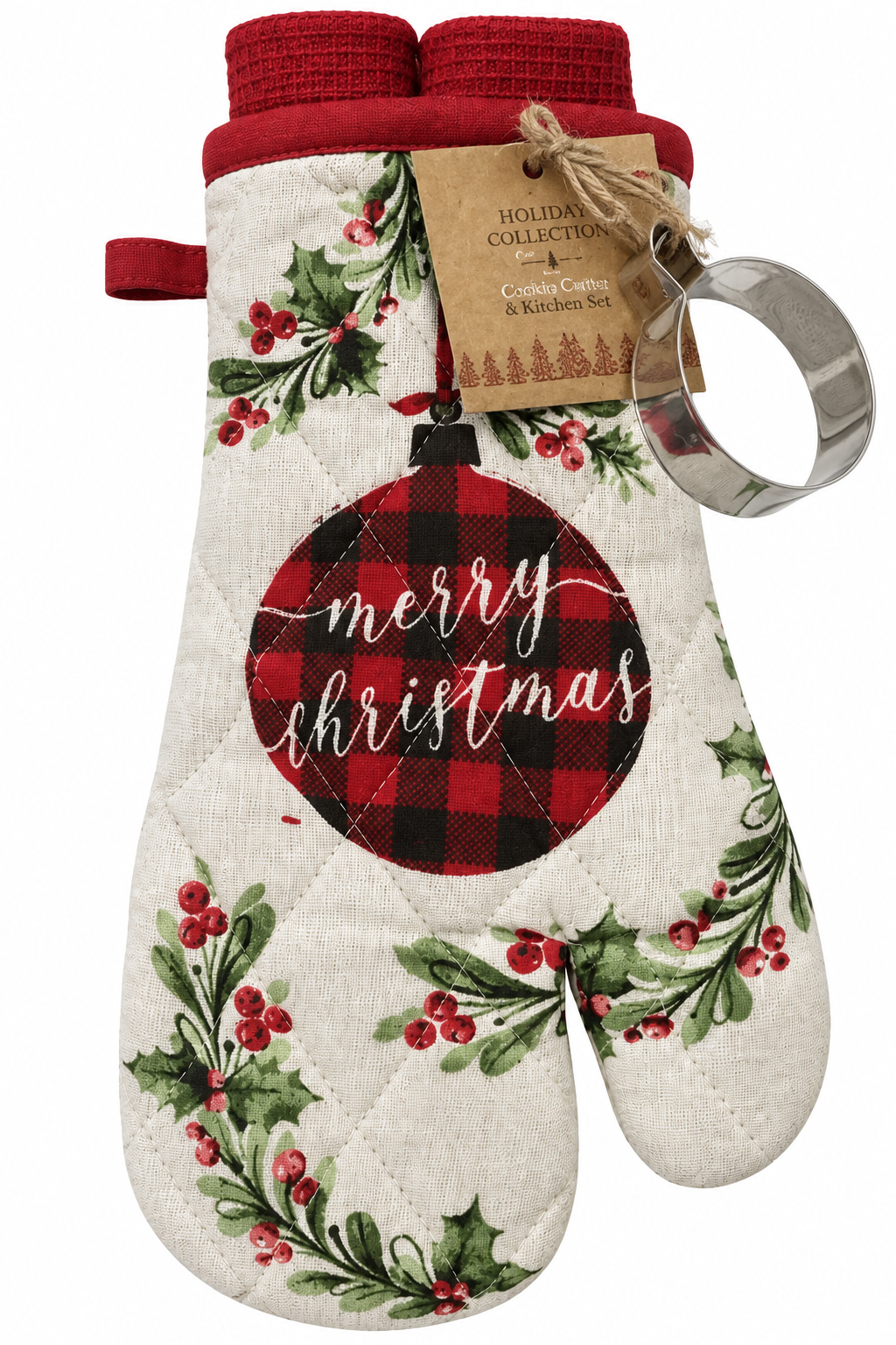 "Merry Christmas" Red Plaid Ornament Nidico Oven Mitt & Cookie Cutter Set 4 Pk