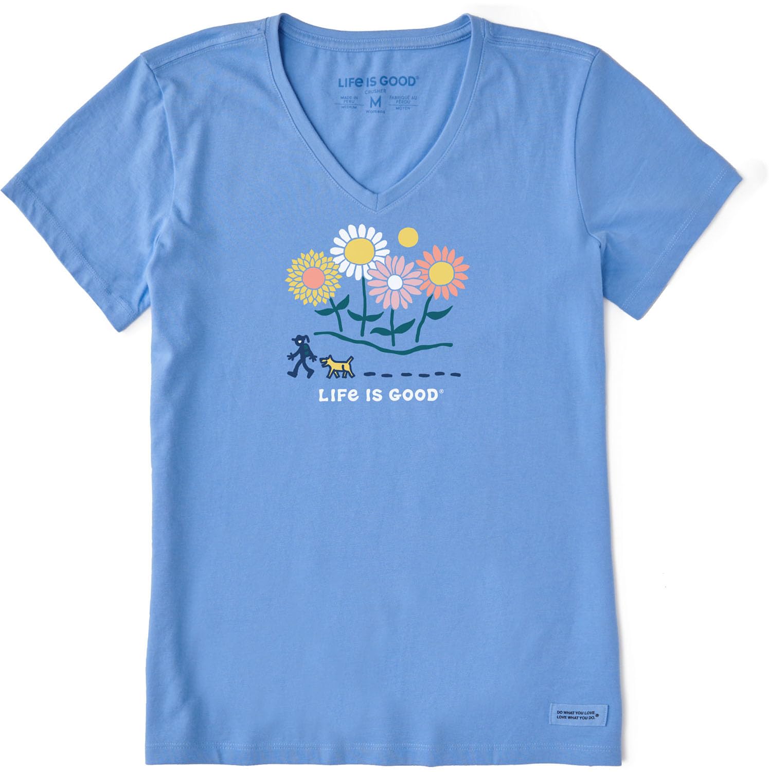 MD Life is Good Women's Daisy Flowers & Dog Walking V-Neck Crusher T-Shirt