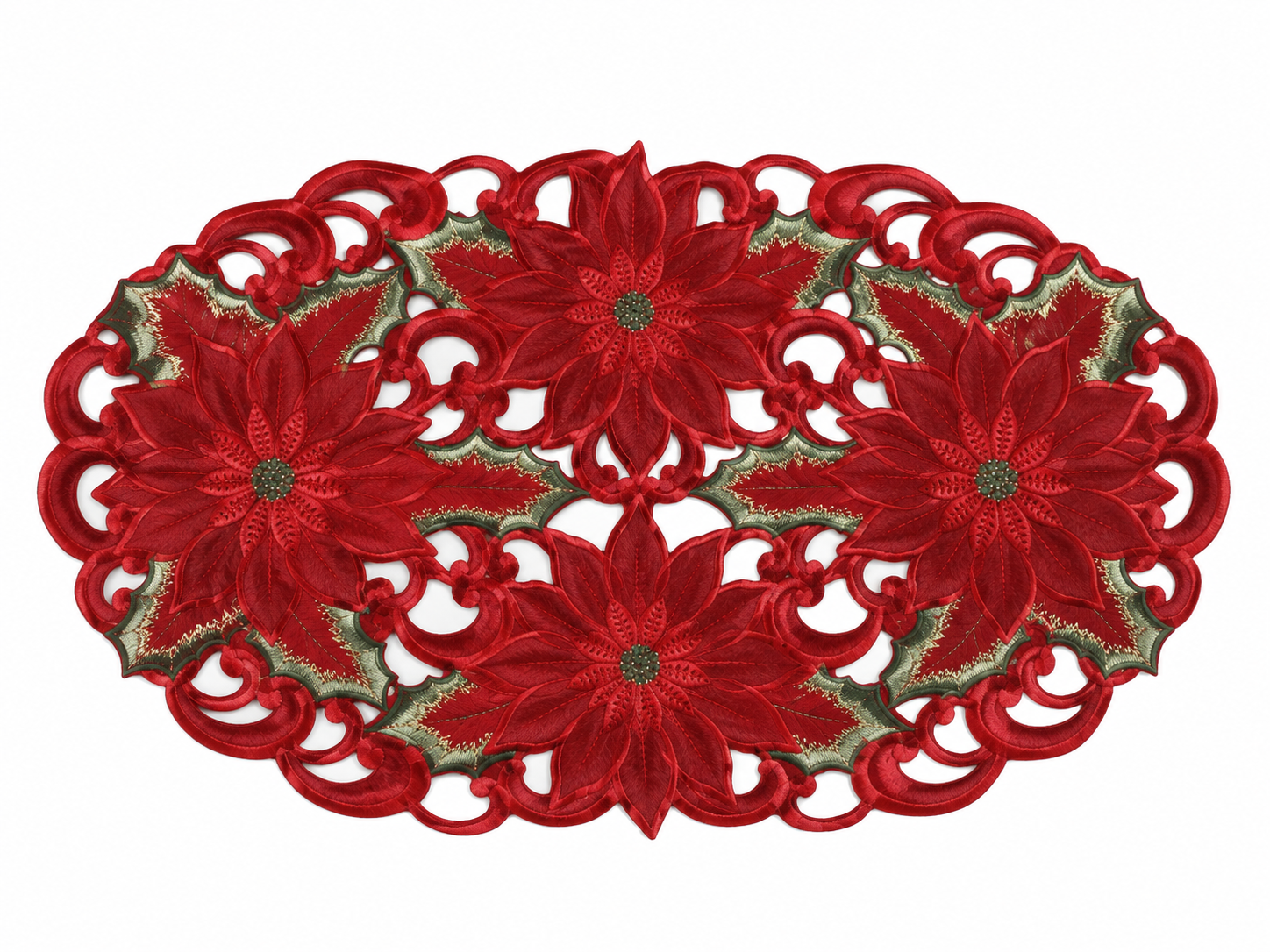 Embroidered Red Poinsettia Oval Place Mat Doily Cutwork