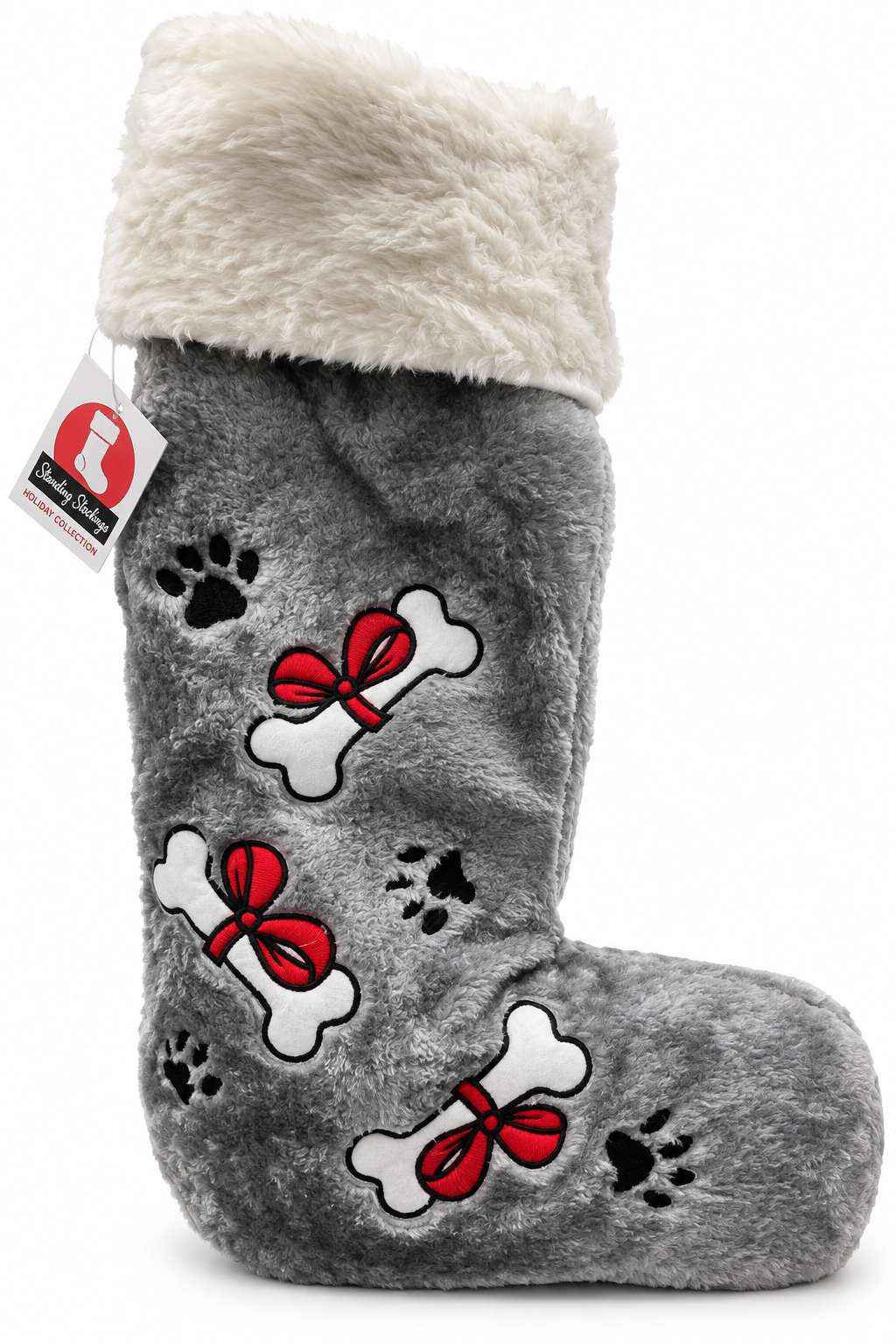 Standing Stocking Grey Plush Dog Bones & Paw Prints Standing Christmas Stocking