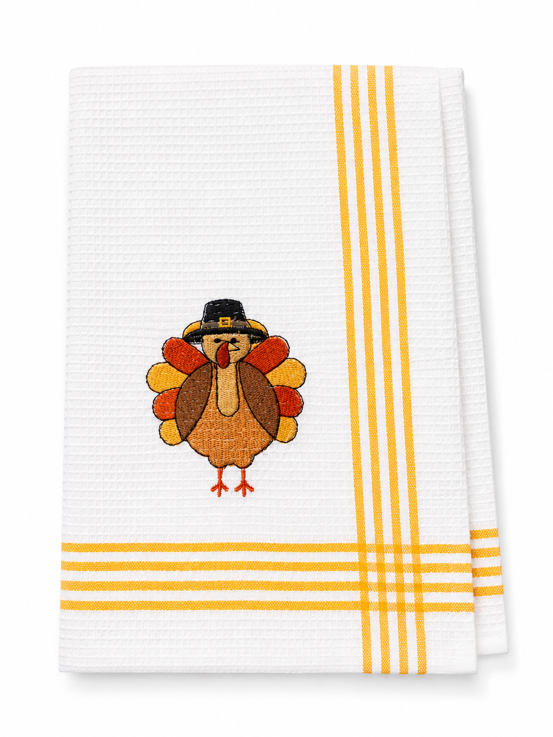 Embroidered Pilgrim Turkey Waffle Weave Tea Towel – Thanksgiving Kitchen Hand Towel with Yellow Stripes