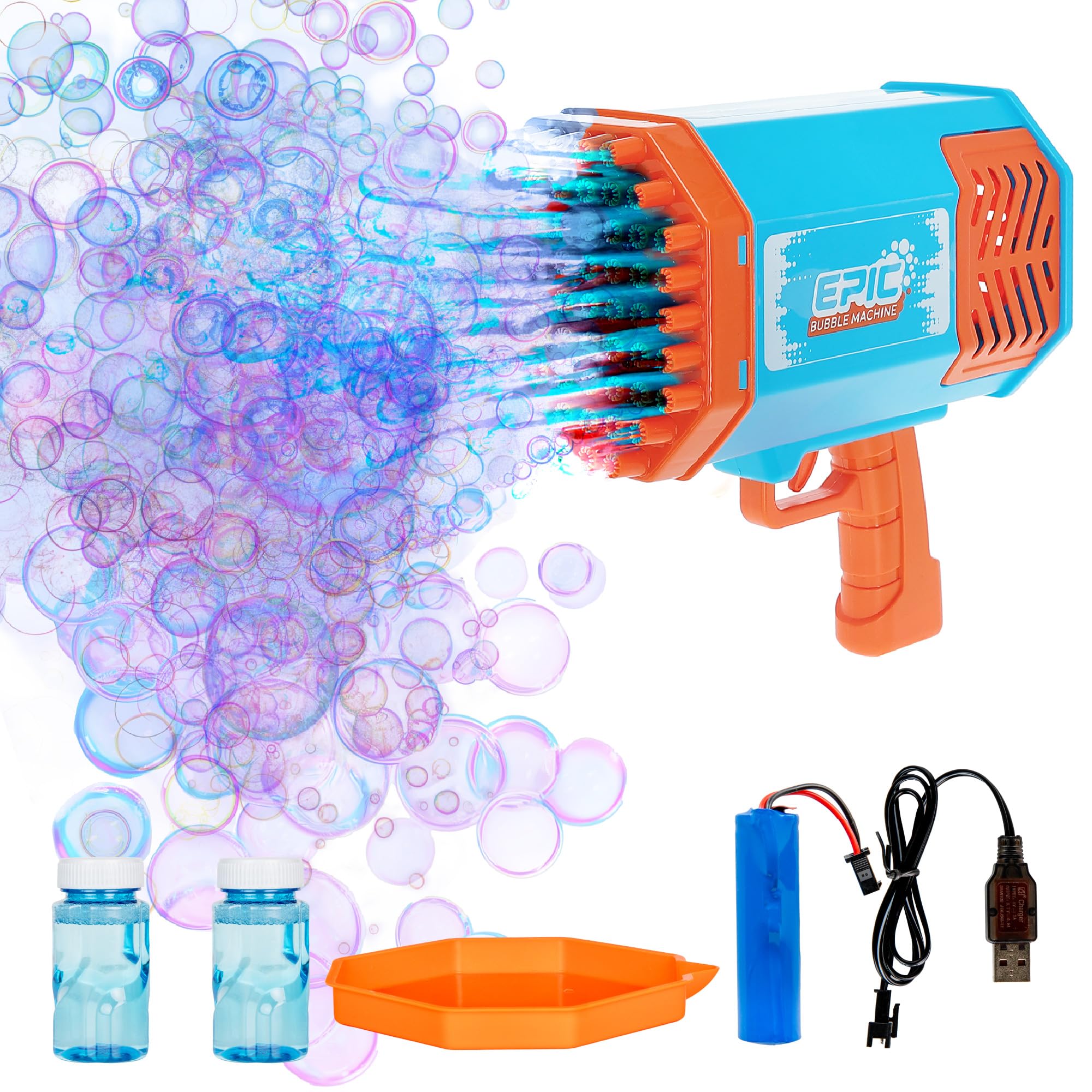 Epic Bubble Machine Gun – Bubble Tray for 69 Bubble Holes – RGB Lighting Effects – USB Rechargeable Battery for Hours of Fun – 2 Bubble Solution Bottles – Outdoor Indoor Toy for Adults Kids