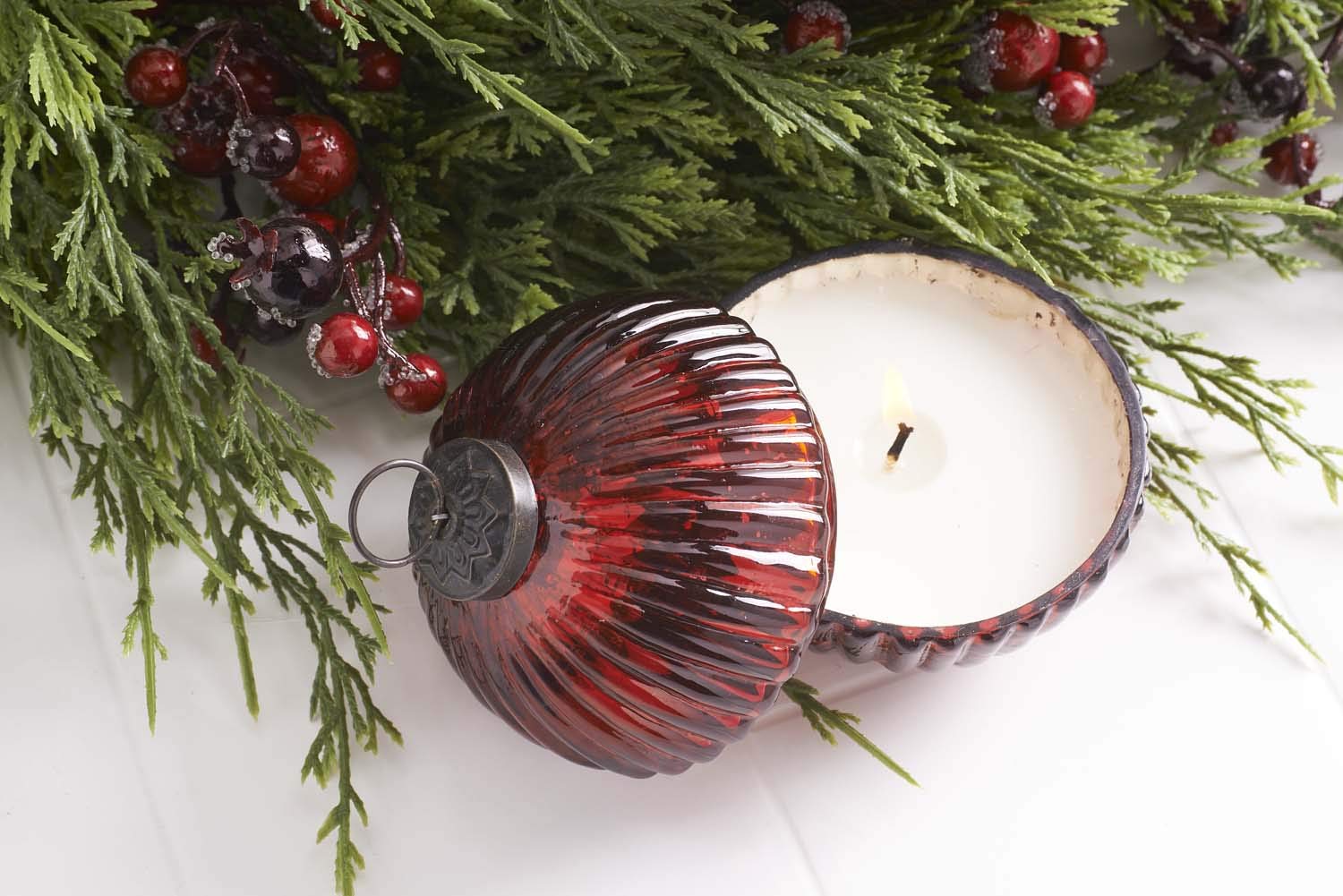 K&K Interiors Assorted 3.5 Inch Filled Red Mercury Glass Lidded Ornament Candles