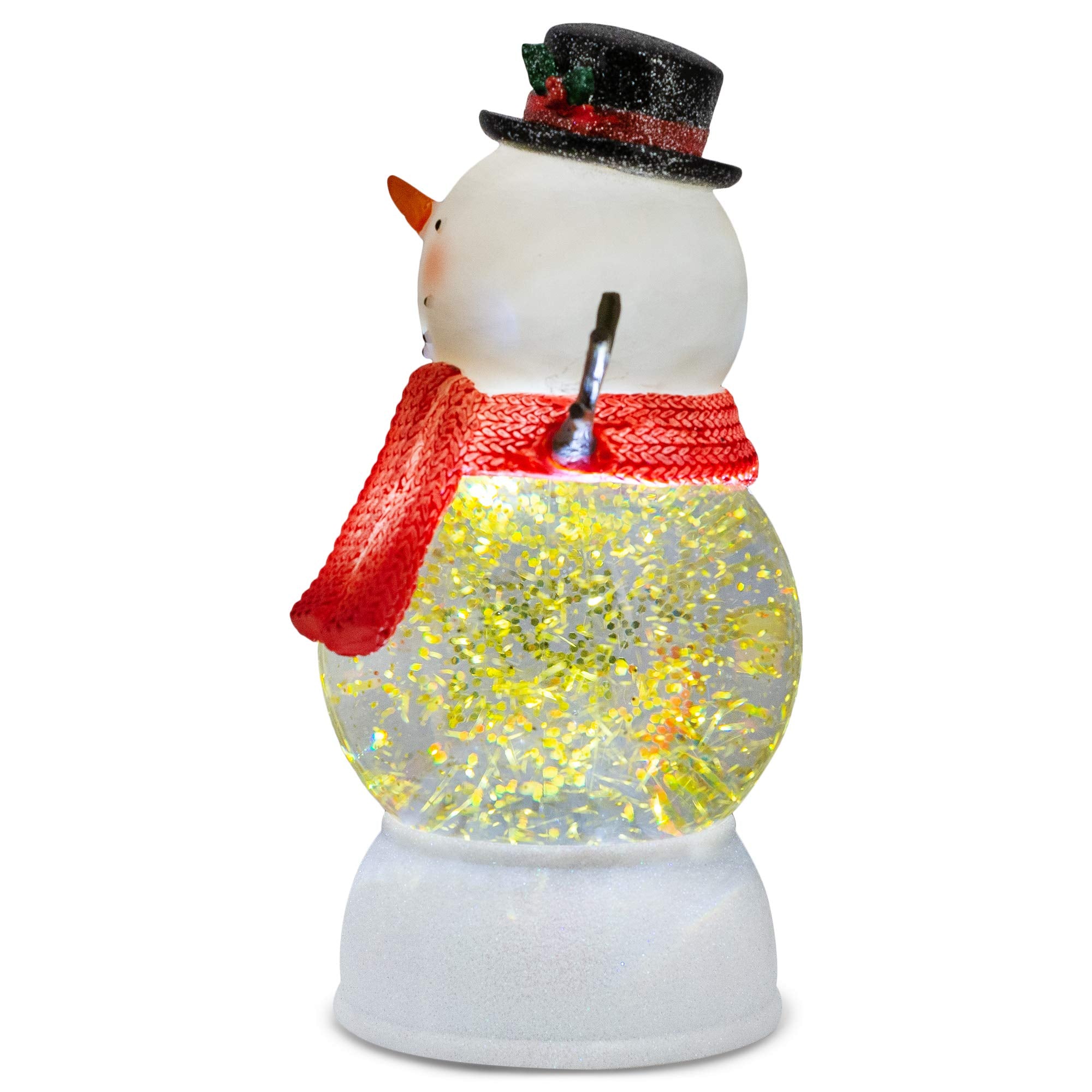 Lighted Snowman Water Globe Tabletop Statue with Red Knit Scarf & Gold Glitter