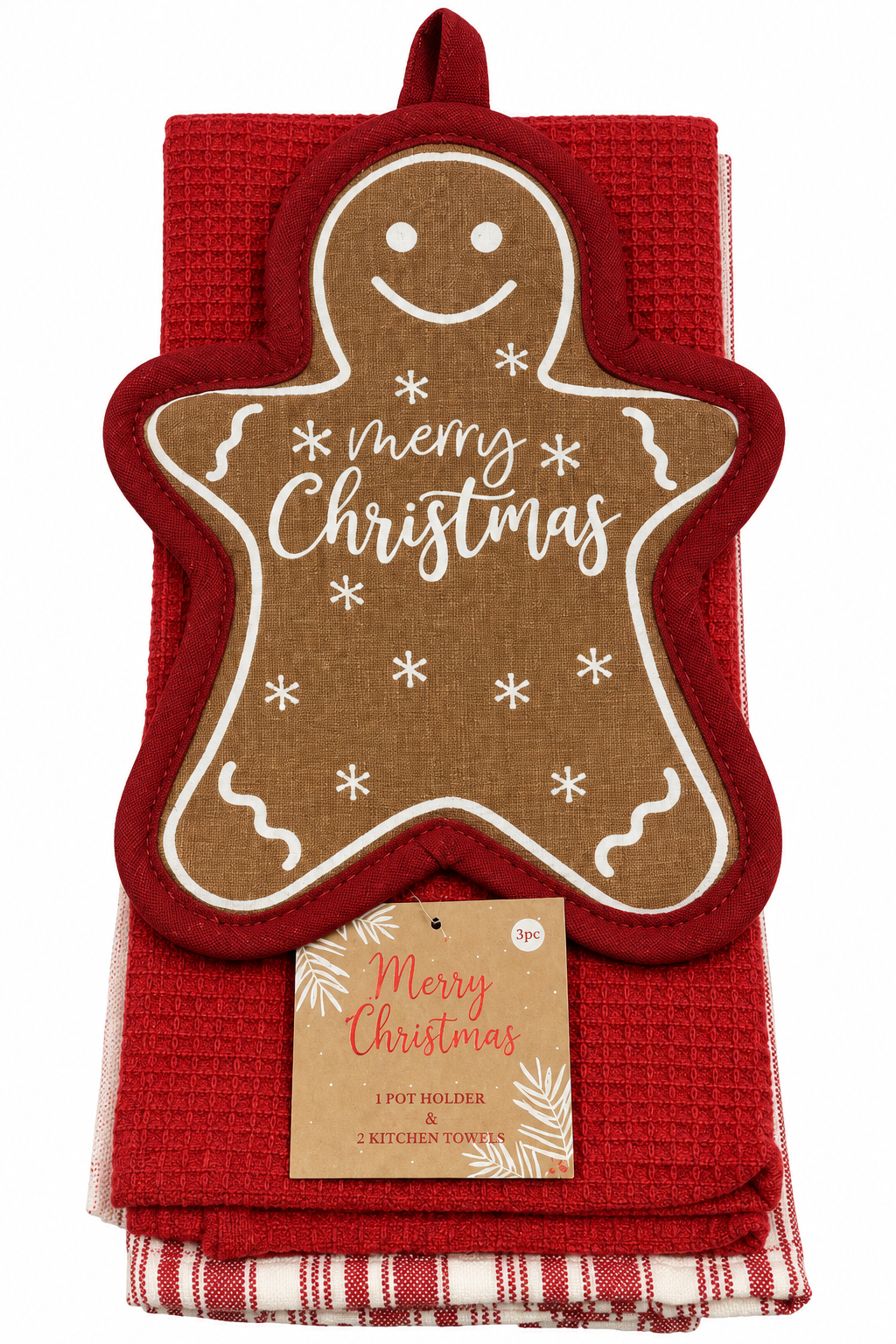 "Merry Christmas" Gingerbread Man Shaped Nidico Pot Holder & Kitchen Towel Set 3 Pk