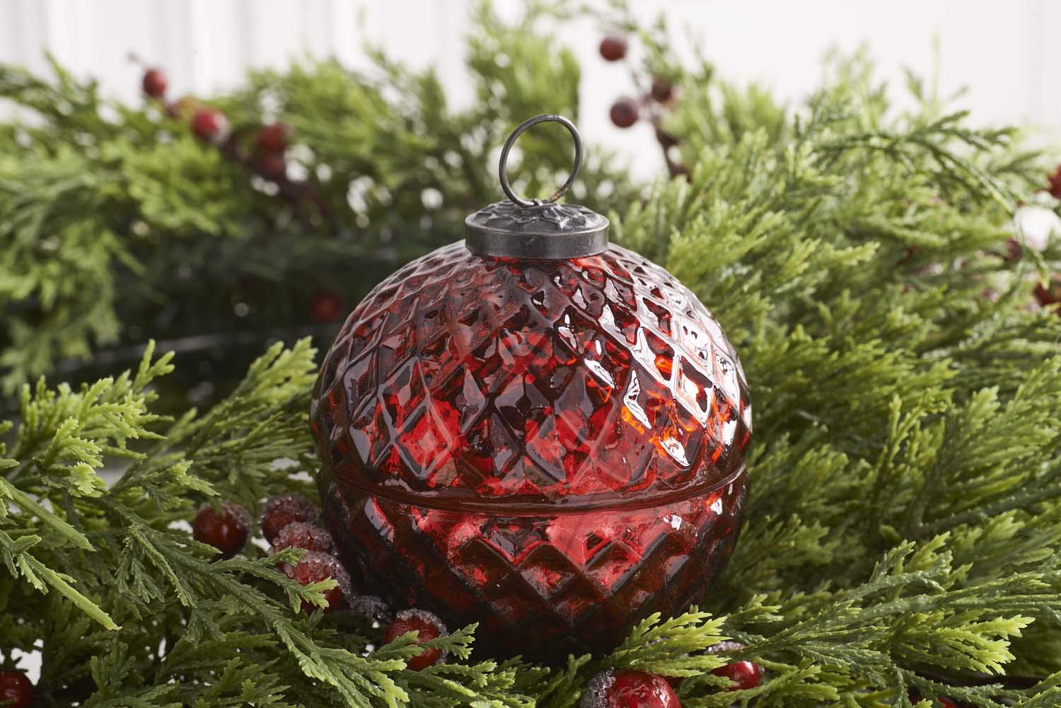 K&K Interiors Assorted 3.5 Inch Filled Red Mercury Glass Lidded Ornament Candles