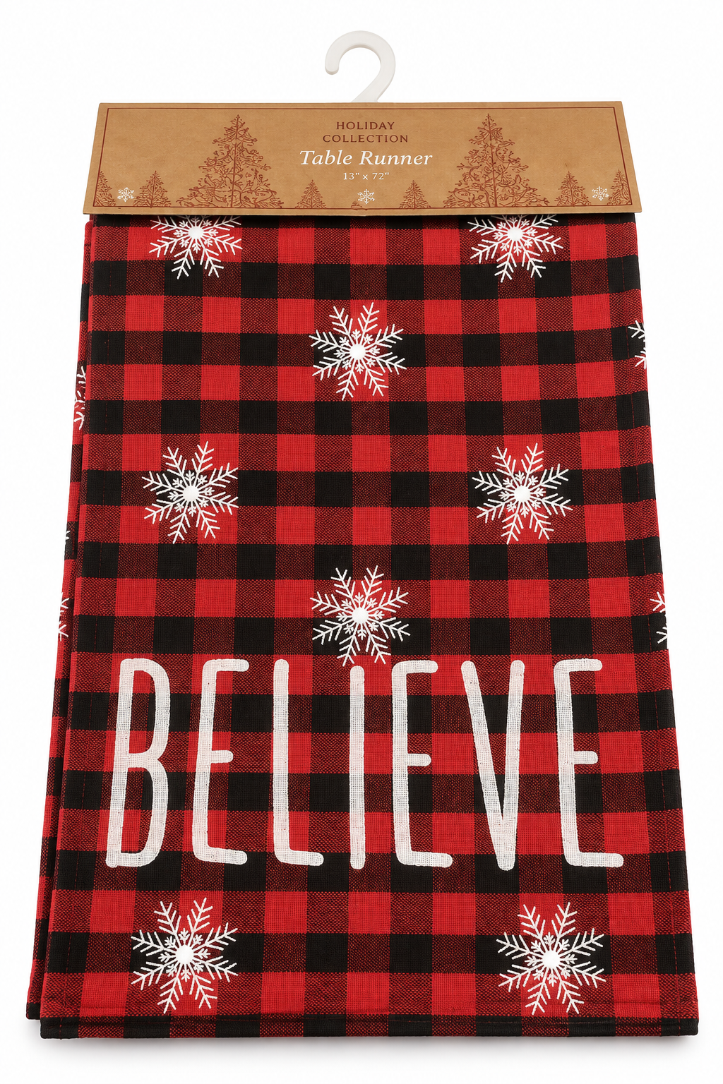 "BELIEVE" Buffalo Plaid Snowflake Tapestry Holiday Table Runner (13 x 72)